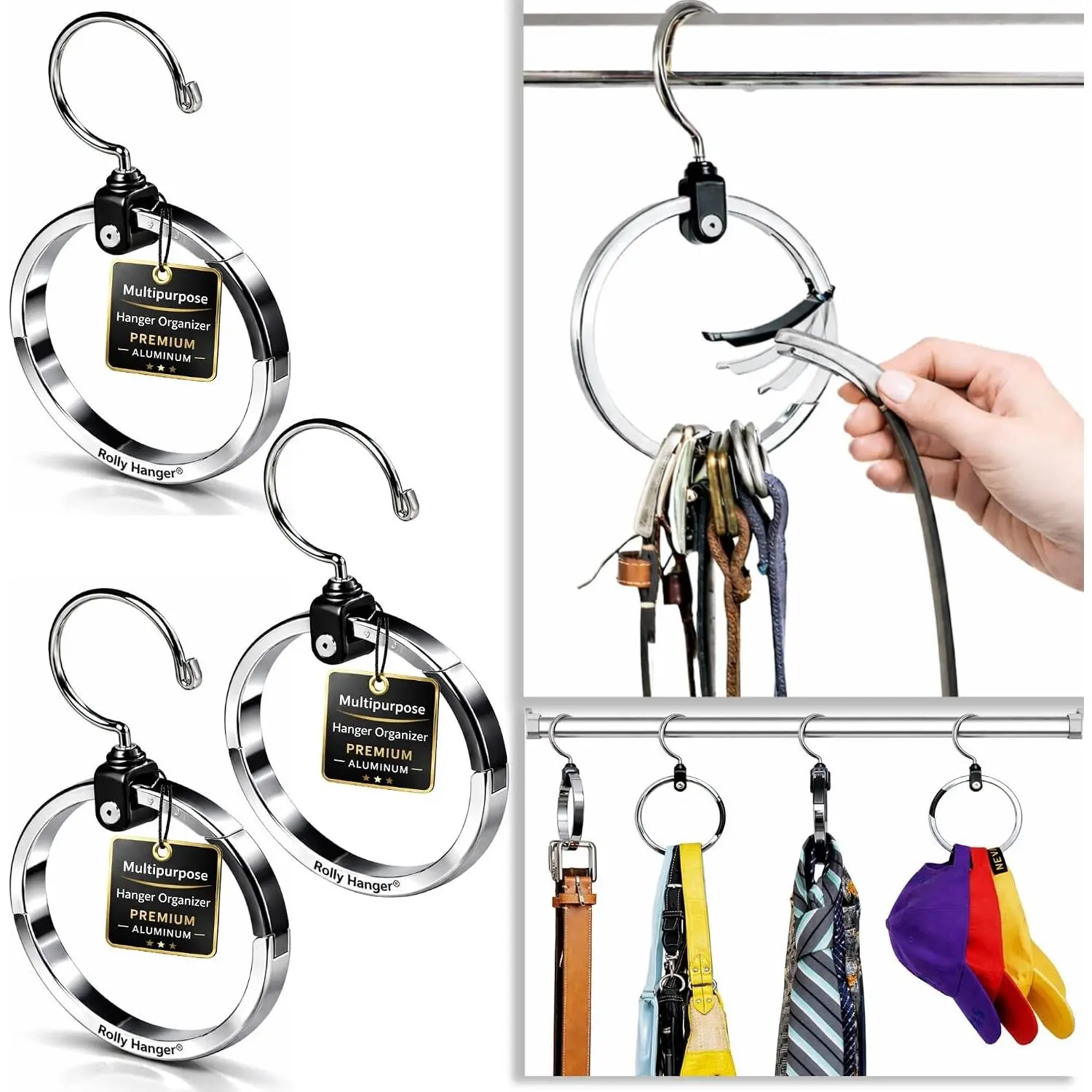 Closet Space Saver – Premium Rotating Organizer for Belts, Ties, Hats & Handbags | Heavy-Duty 360° Swivel Aluminum Hanger | Closet Organizer (3 Pack)