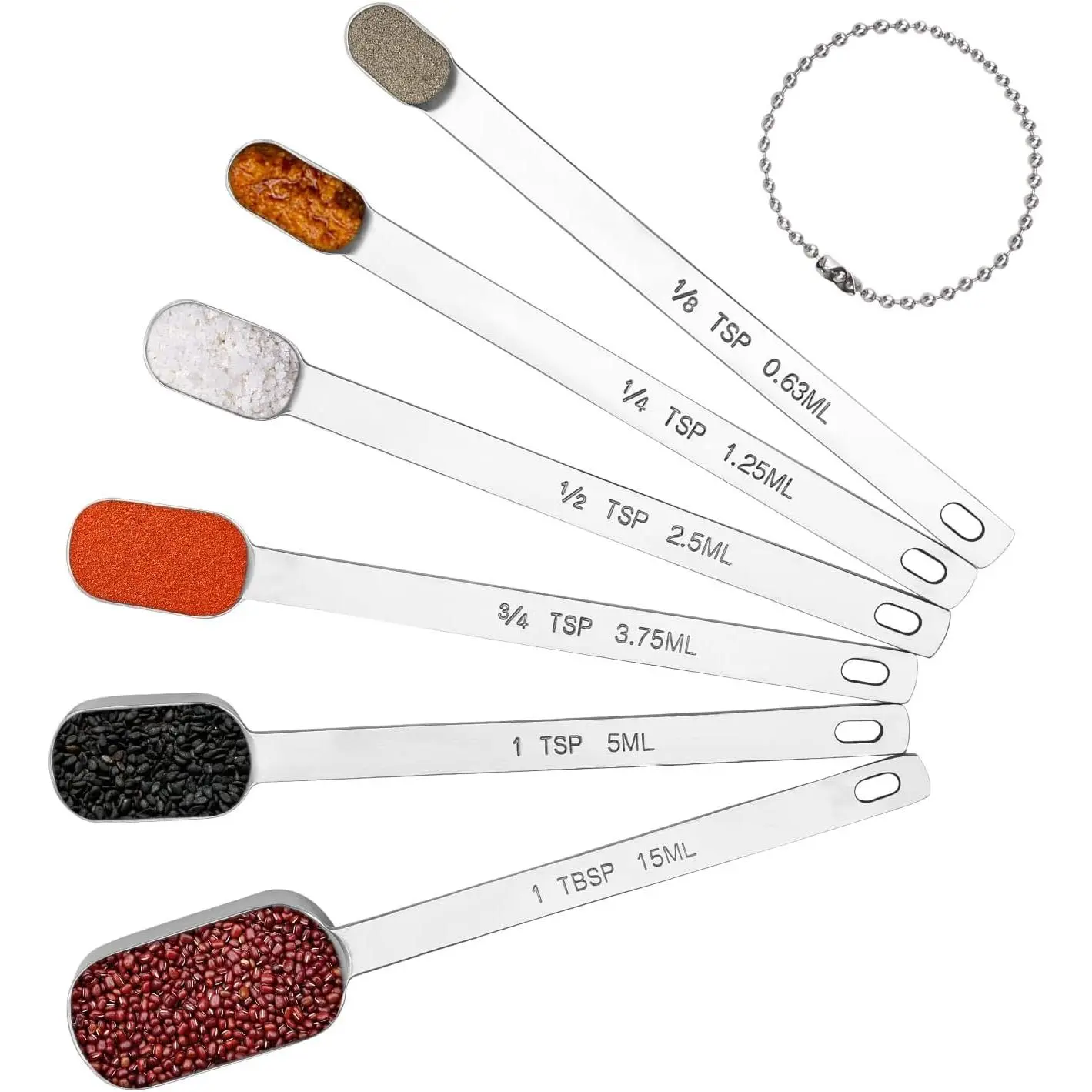 Long Handle Measuring Spoons Set of 6, Stainless Steel Measure Teaspoons, Metal Rectangular Bowl Tablespoon