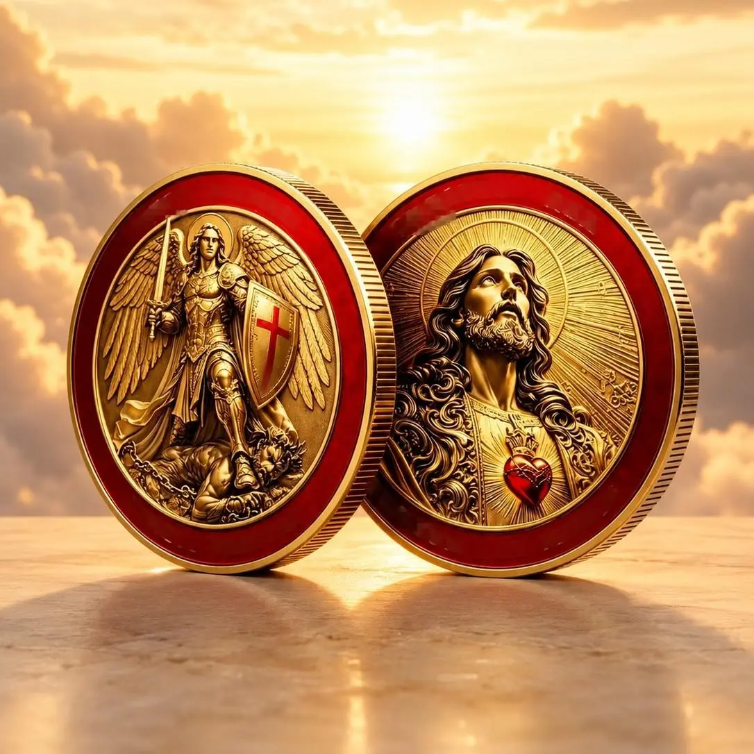 Golden Religious Commemorative Coin, Saint Michael Angel Jesus Sacred Heart Relief Collectible Coin, Faith Protection Gift Ornament
