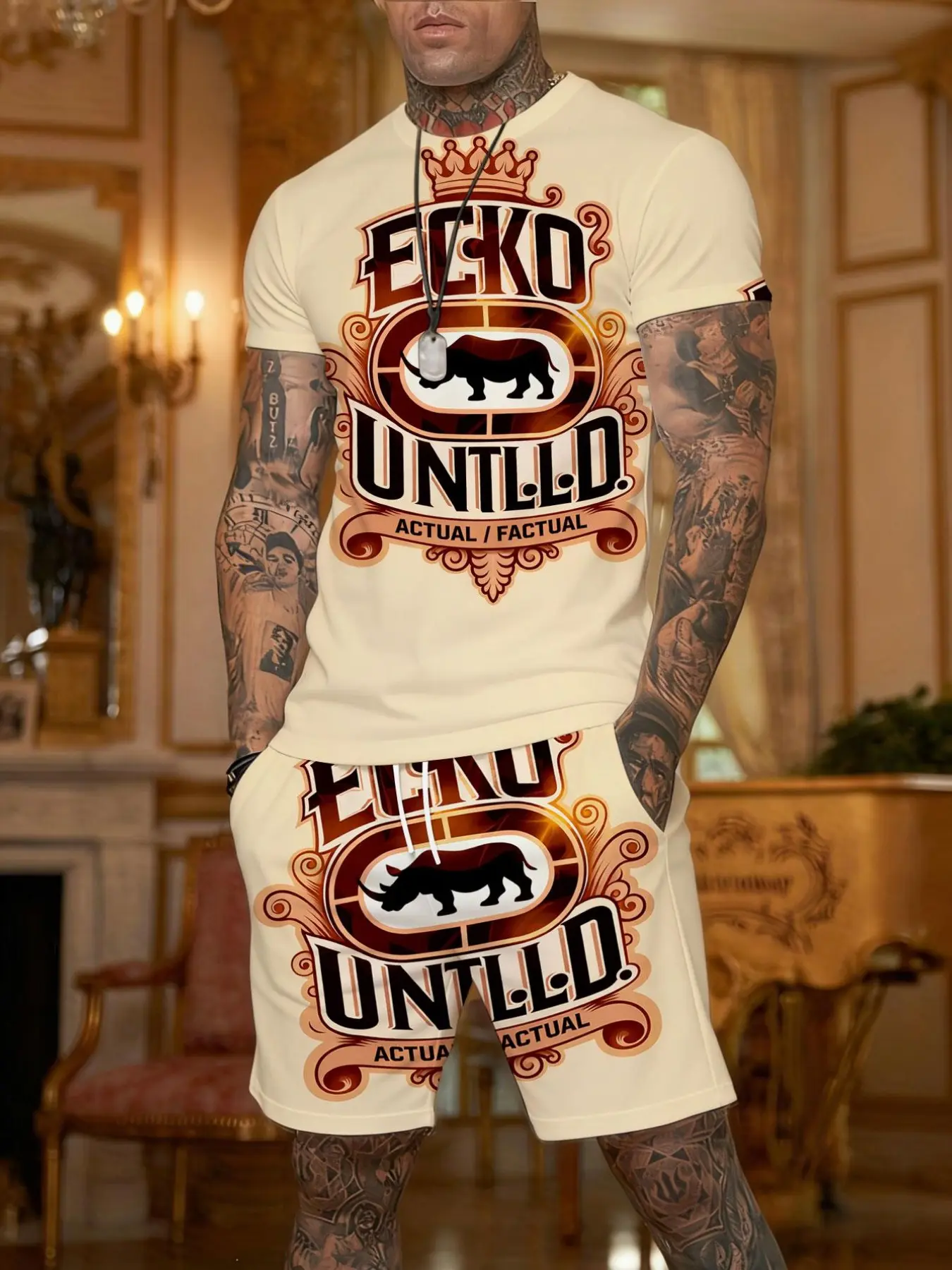 Men's rhinoceros print short-sleeved T-shirt and shorts matching set, casual and stylish men's sportswear outfit with 3D print design, street and hip-hop style set