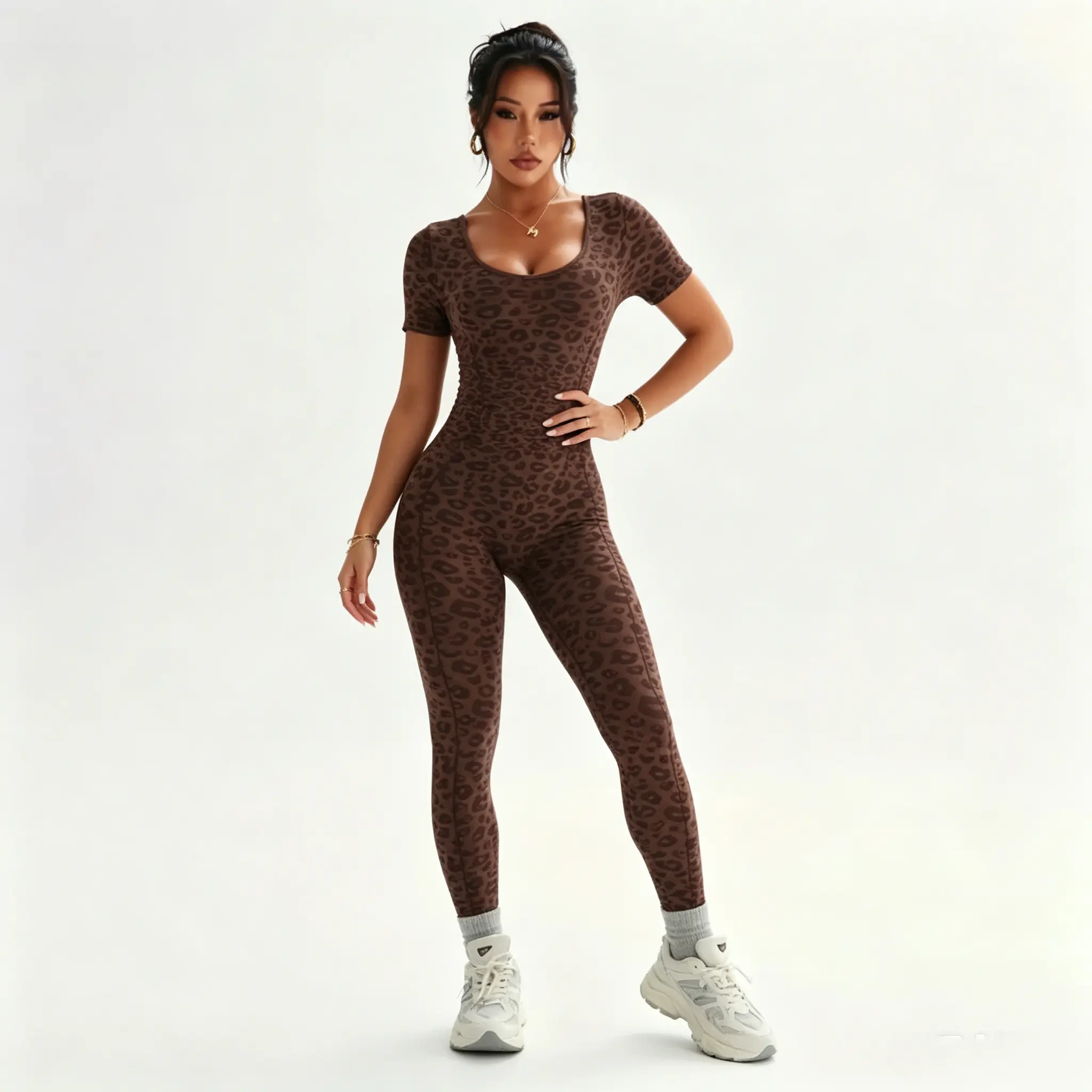 Women's Leopard Print Open Back Jumpsuit, Short Sleeve High Waist Butt Lifter Yoga Bodysuit, Stretchy Seamless Workout Onesie for Gym Running Daily Casual Outfit