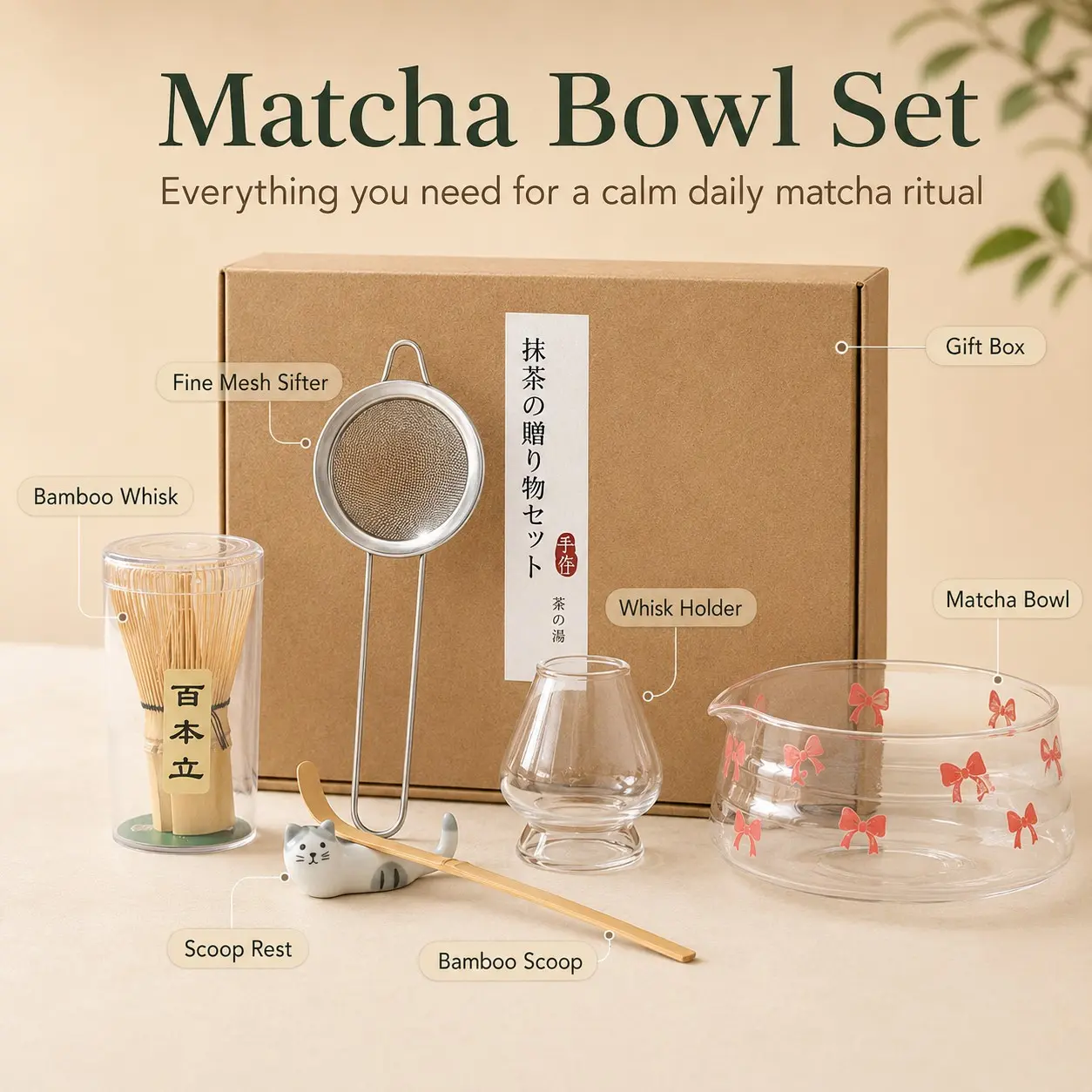 Japanese Matcha Bowl Set, Glass Bowknot Matcha Bowl, Bamboo Chasen, Tea Spoon, Tea Powder Sifter, Cat Tea Spoon Holder, Gift Box