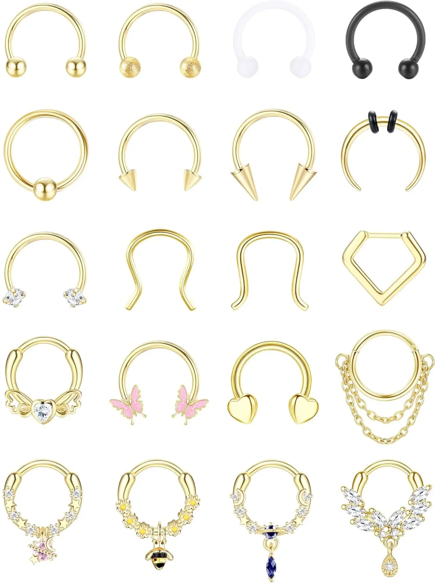 16G 20Pcs Gold Septum Clicker Ring Set for Women & Men, Hypoallergenic Surgical Steel Septum Piercing Jewelry, Cute Star Bee CZ Heart Butterfly Chain Dangle Small Septum Hoops Daily Gift