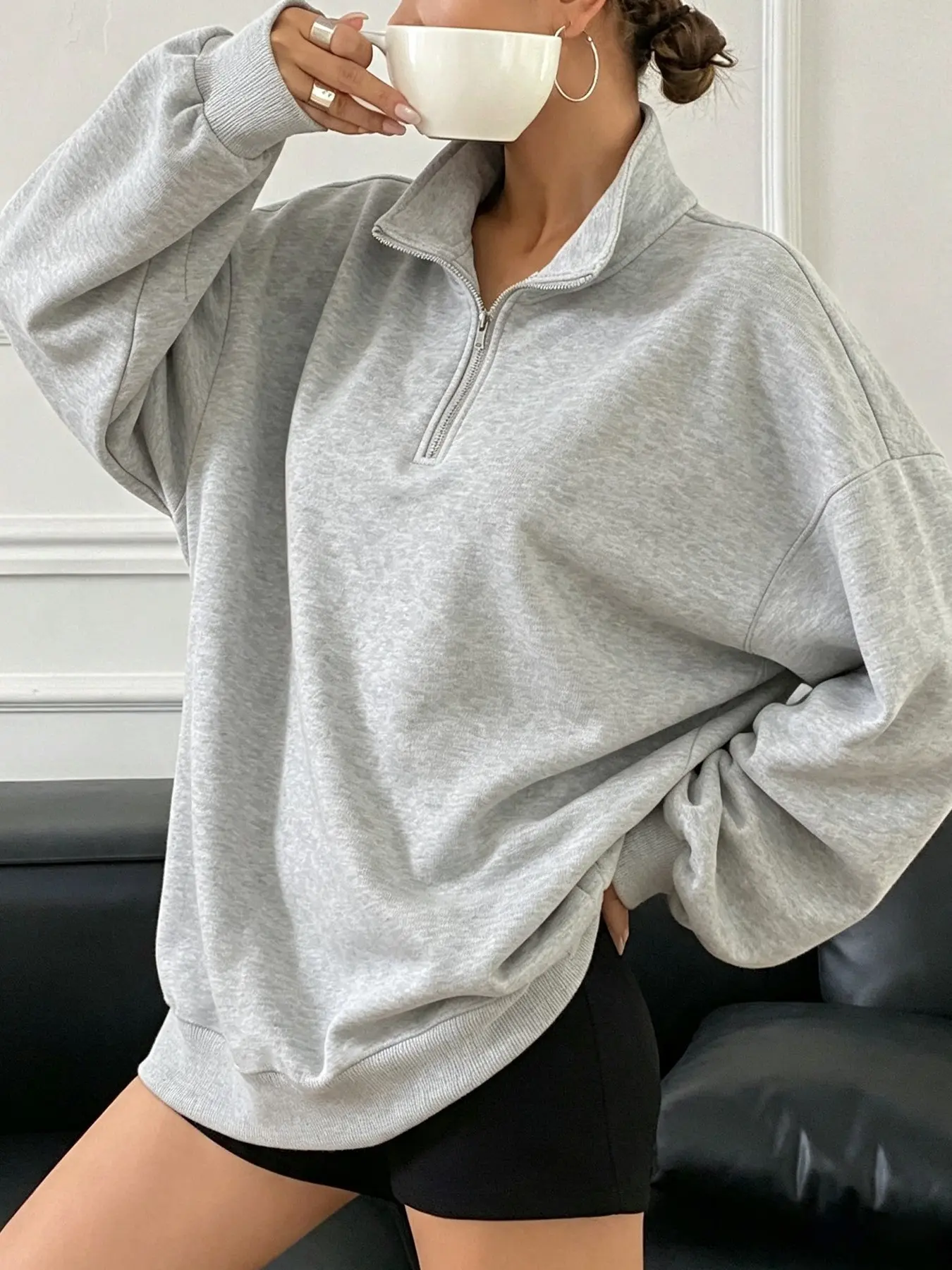 Women's Solid Half Zip Up Pullover Sweatshirt, Casual Long Sleeve Sweatshirt for Daily Wear, Ladies Clothes for All Seasons