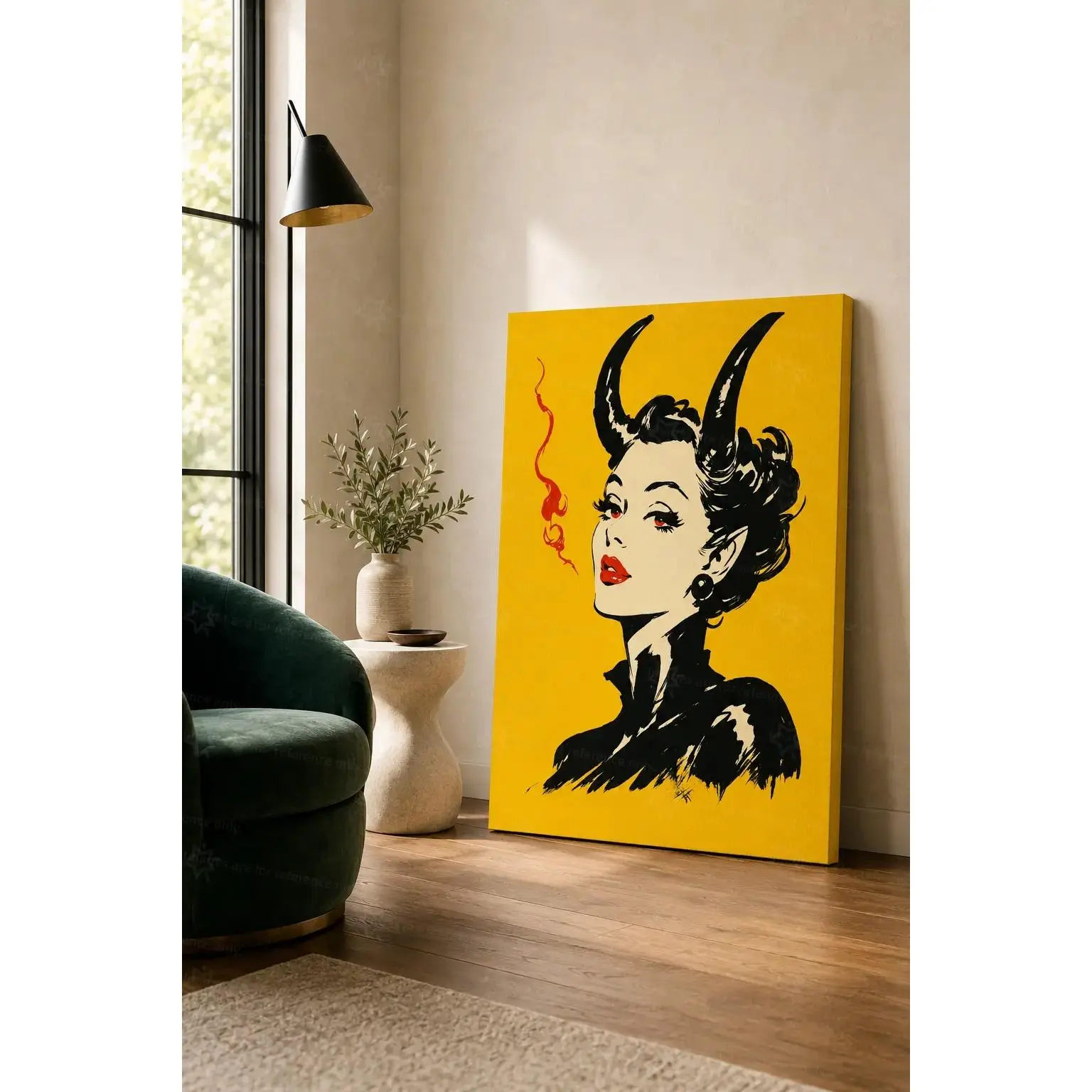 Vintage Devil Lady Pop Art Poster, Yellow Background Retro Demon Woman Wall Decor, Gothic Pin Up Art For Bedroom Salon Bar Apartment Living Room Home Decor