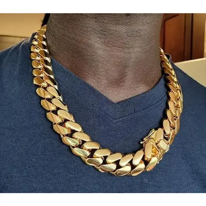 Men's 18k Gold-Plated Stainless Steel Cuban Link Miami Chain Necklace, Hypoallergenic Hip Hop Artificial Gemstone Jewelry Accessory