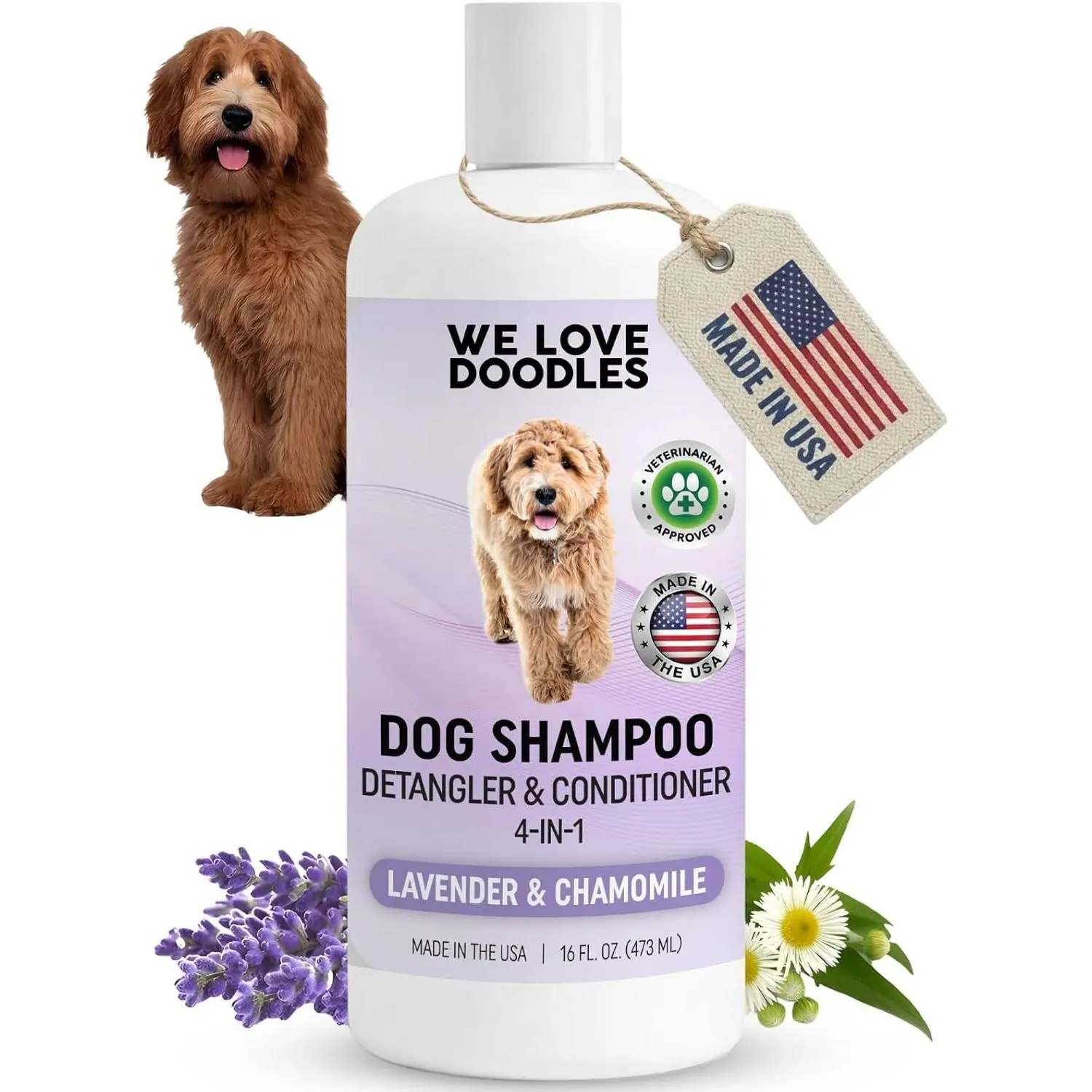 4-in-1 Dog Shampoo Dog Shampoo, Conditioner & Detangler - Best Shampoo for Goldendoodles, Poodles & Doodles - for Matted Pet Hair - Made in The USA, 16OZ, Lavender