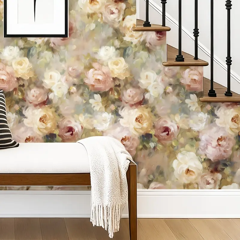 [Elegant Rose Wallpaper] Hand-Painted Elegant Rose Floral Self-Adhesive Wallpaper - 1 Roll Waterproof Vinyl Sticker, Removable and Reusable, French Elegant Aesthetic Wallpaper for Home Living Room Bedroom Decoration
