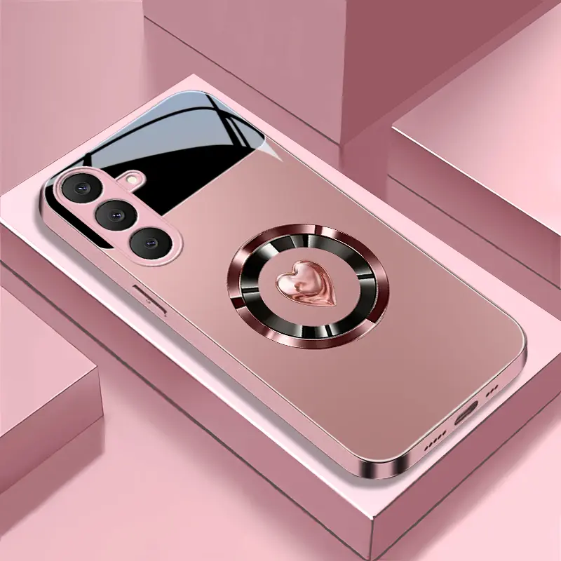 Viral Coquette Pink Love Heart Glitter Cross MagSafe Magnetic Glass Smartphone Case, Rose Gold Glossy Electroplated Shockproof Girly Cover for Galaxy S25 Fe - Handheld Cellphone Protection for Devices - 9435