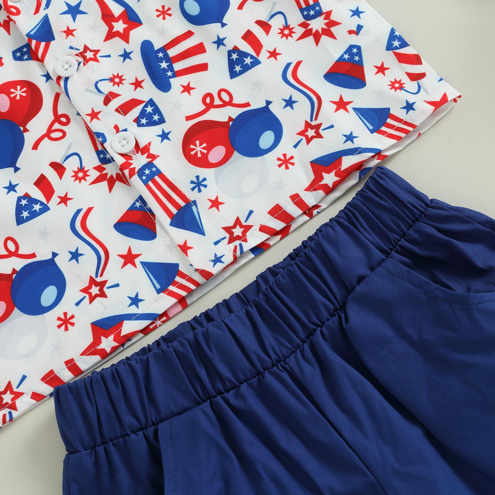 Toddler Baby Boy 4th of July Summer Outfit US Flag/Hat Print Short Sleeve Button Down Shirt and Blue Casual Shorts Set Patriotic Clothes