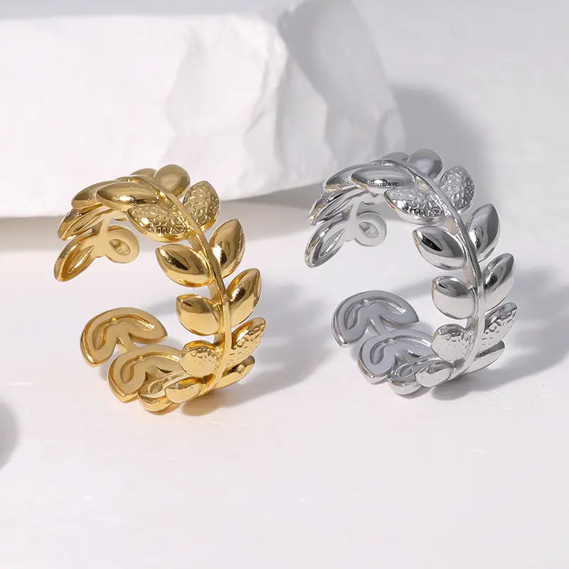 Stainless steel leaf ring with adjustable opening, 18K gold-plated non-fading titanium steel ring for the index finger