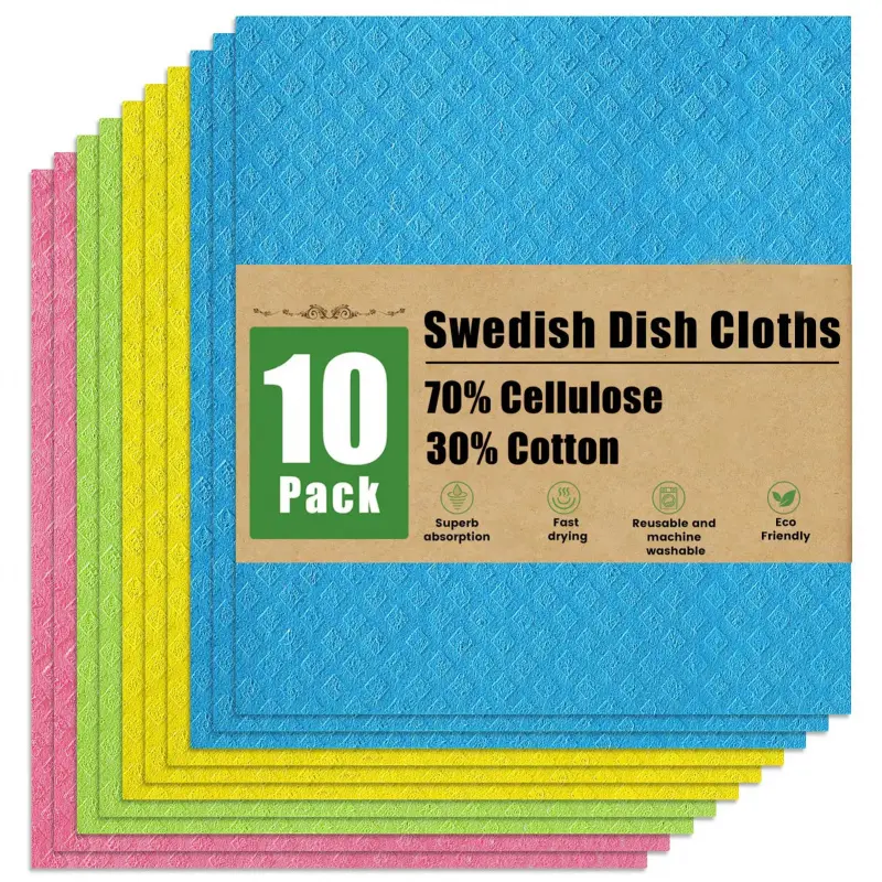 10-Pack Swedish Cotton Cleaning Cloths, Thick Reusable Washable Cellulose Sponge Towels, Absorbent No-Odor Long-Lasting for Dishes & Counters, Cold-Wash Safe, Assorted Home Care Supplies