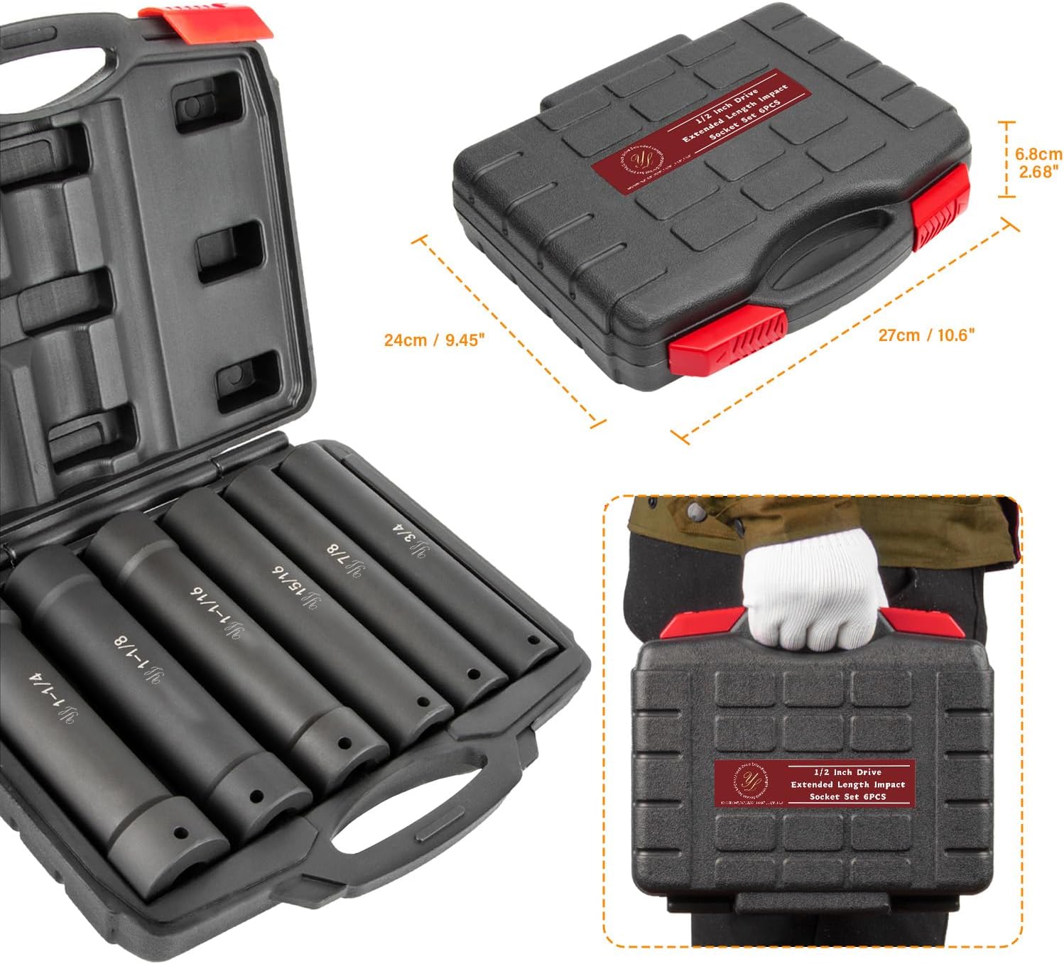 1/2 Inch Drive Extra Deep Long Socket Set, 6 count Extended Length Impact Socket Set Contains Sizes 3/4", 7/8", 15/16", 1-1/16", 1-1/8", 1-1/4", Specifically Designed for High Torque Applications