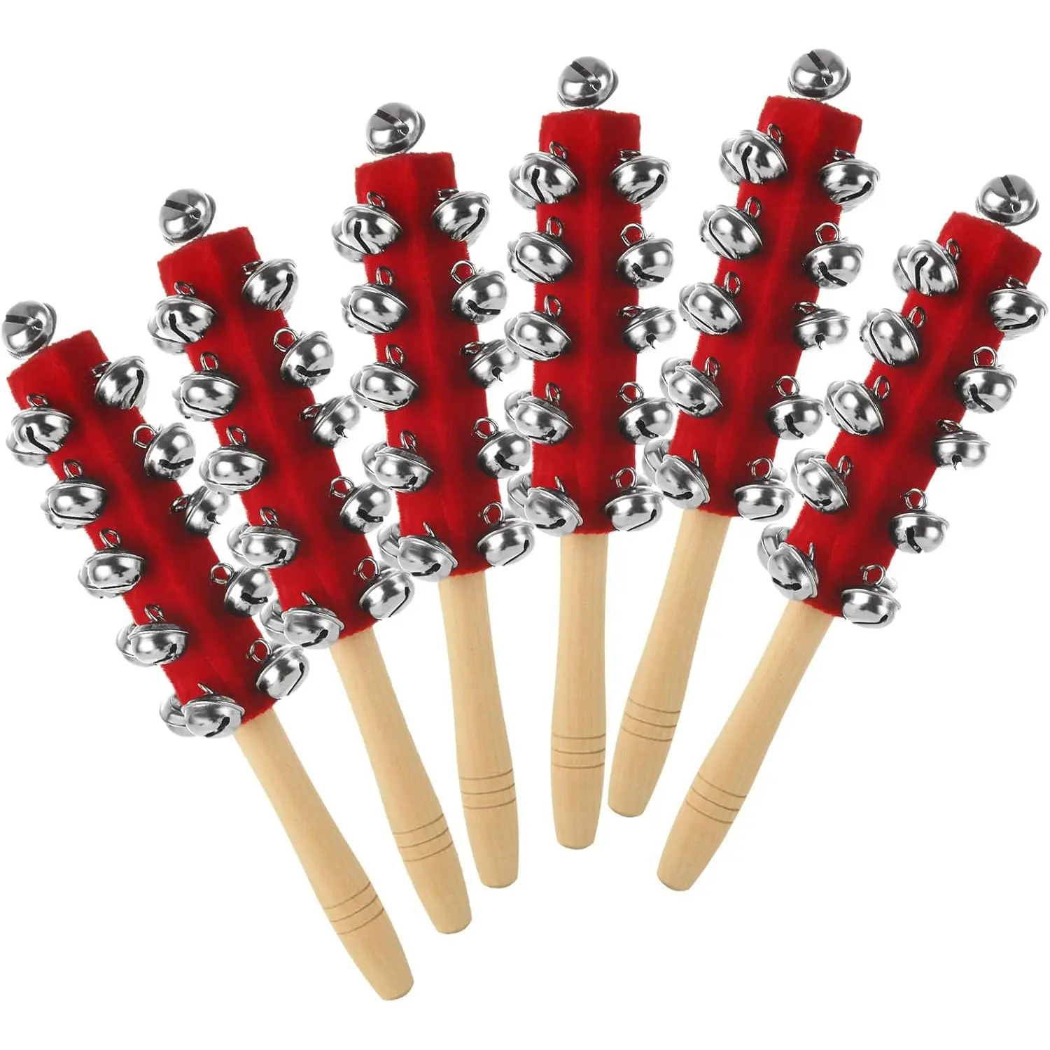 6-Pack Compact Bell-Shaped Unisex Wooden Handle Sleigh Bells - Handheld Music Percussion, Adult-Friendly Holiday Party Decor & Gift