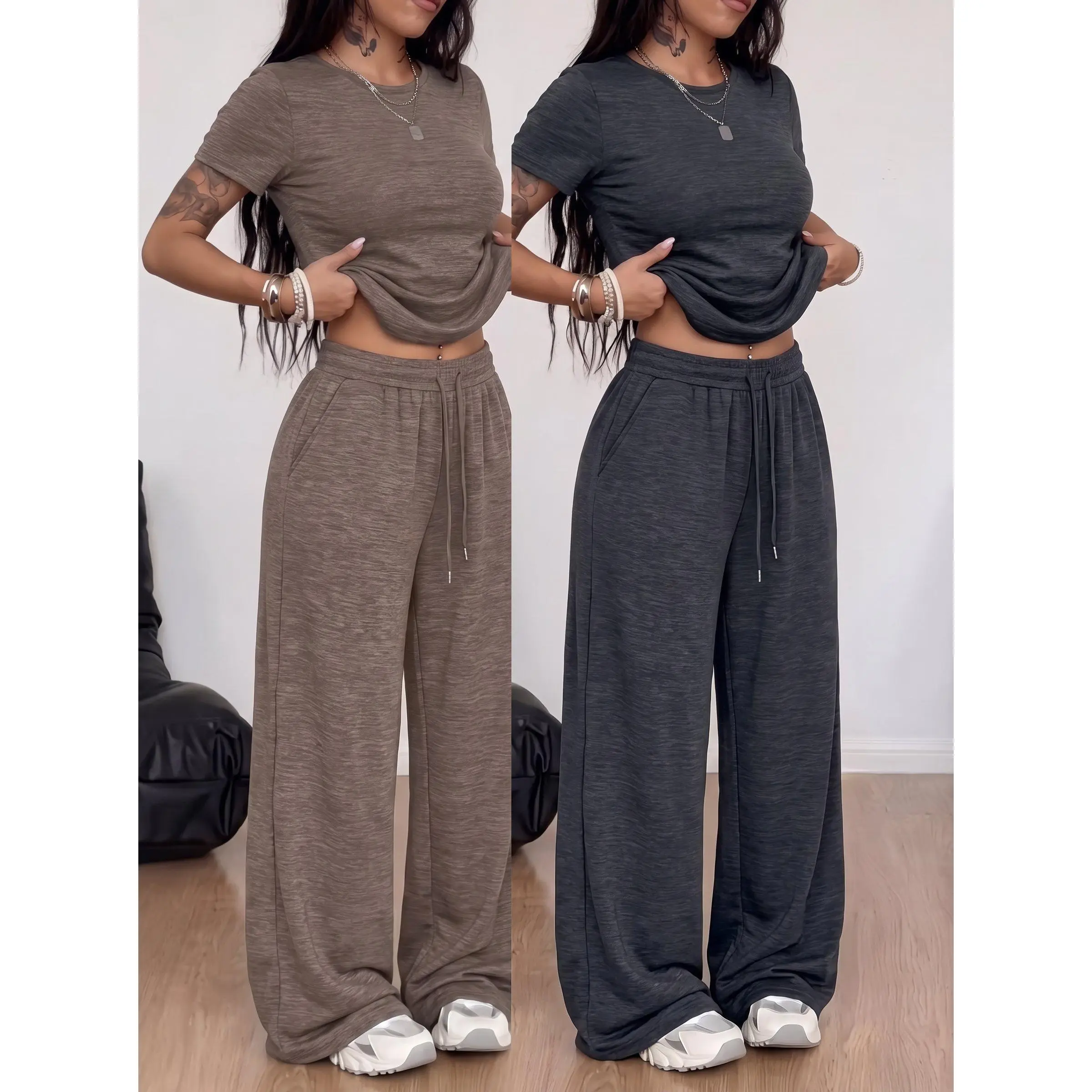 VVZ 2026 Women's 2-Piece Set: Stylish Casual Outfit Featuring a Rayon Short-Sleeve T-Shirt (Round Neck/Asymmetric Shoulder) and Drawstring Straight-Leg Pants.