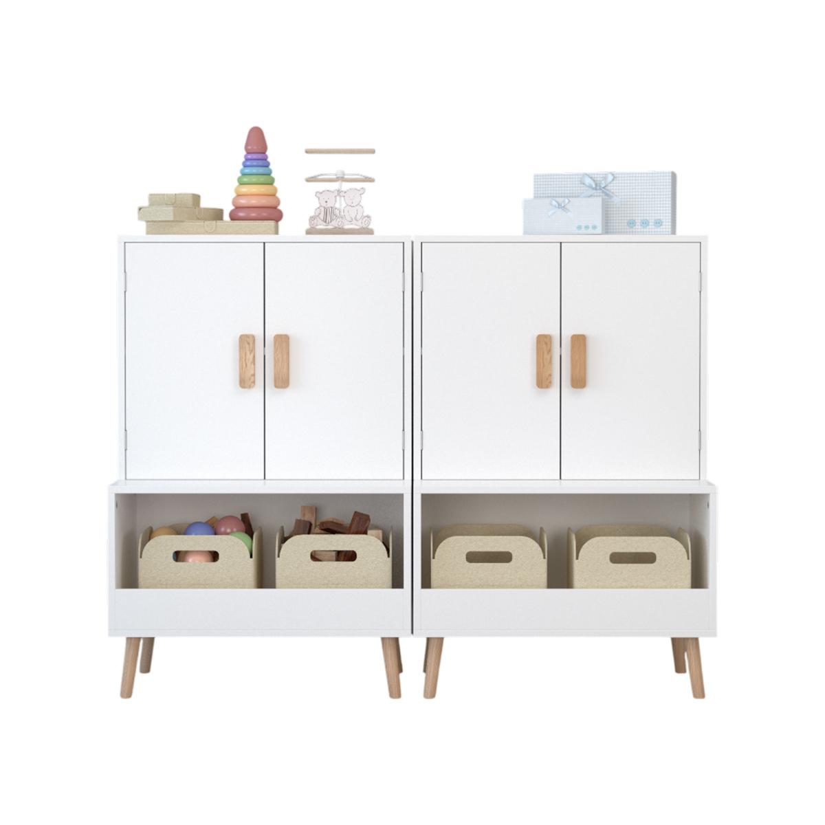 Kids Toy Storage Cabinet with Doors and Open Shelf, White Modern Wooden Organizer with Natural Wood Legs, Toddler Bookshelf for Playroom, Nursery, Bedroom