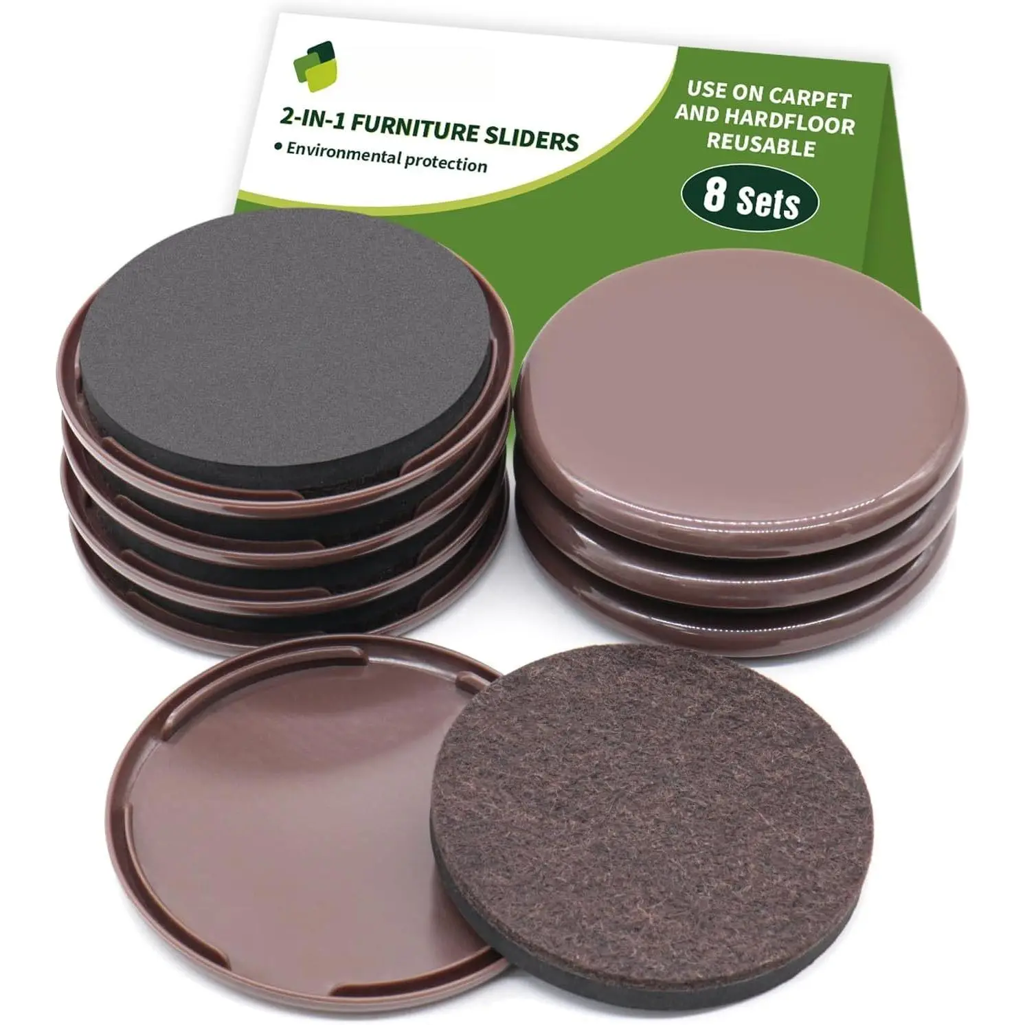 2 in 1 Furniture Sliders, 8 count in 3 1/2" or 4", Brown | Furniture Sliders for Hardwood Floors, Furniture Sliders for Carpet, Sliders for Moving Furniture, Furniture Movers Sliders