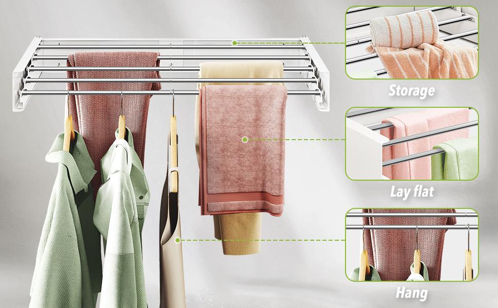 Wall Mounted Drying Rack,32 inches,Foldbale, Clothes Drying Rack,Laundry Drying Rack Wall,Drying Rack Clothing Saver,Retractable,Collapsible,Folding Laundry Rack,White