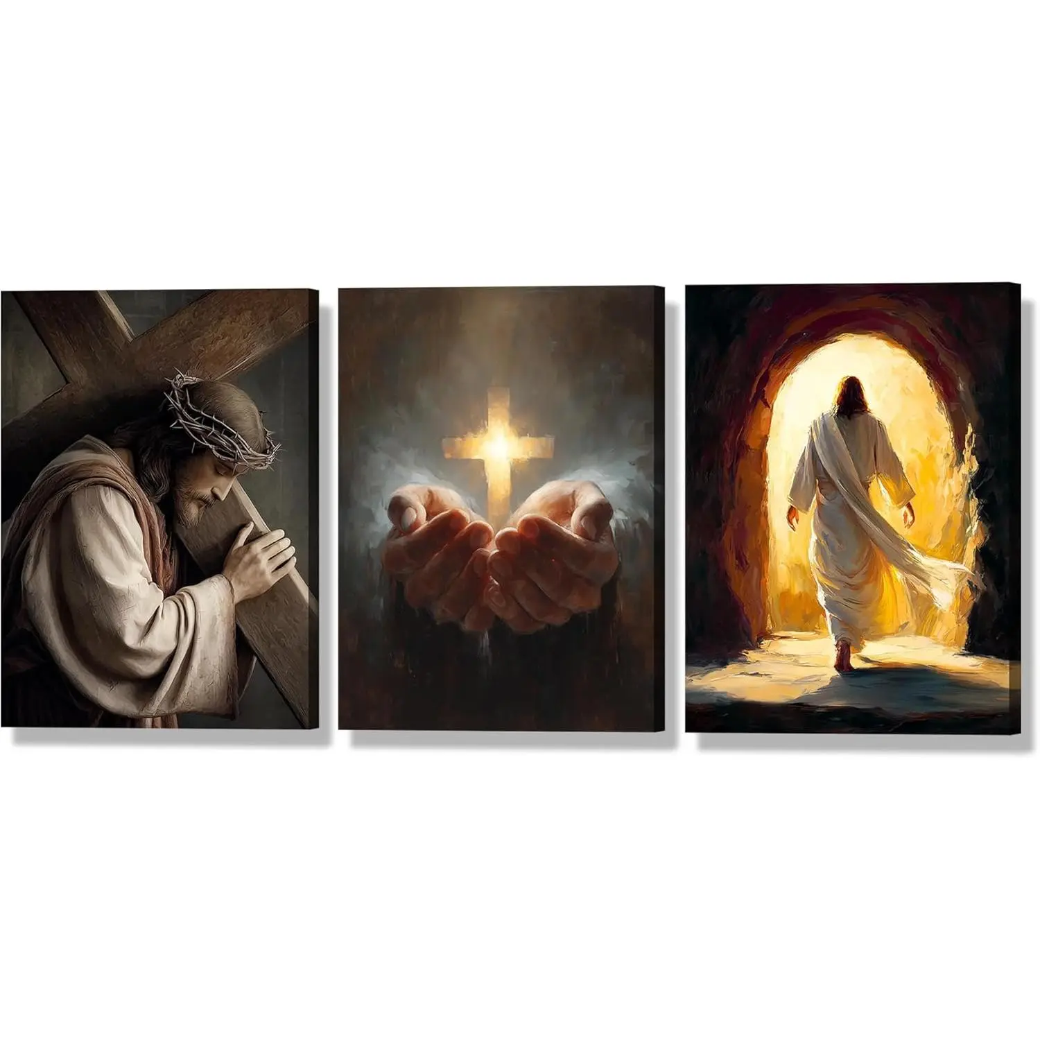 ARNLRDYA Jesus Wall Art Canvas Set of 3,  Wall Decor, Jesus Carrying the Cross and Empty Tomb,  Canvas Artwork for Living Room, Church, Prayer Room, Ready to Hang (12x16 Inch)