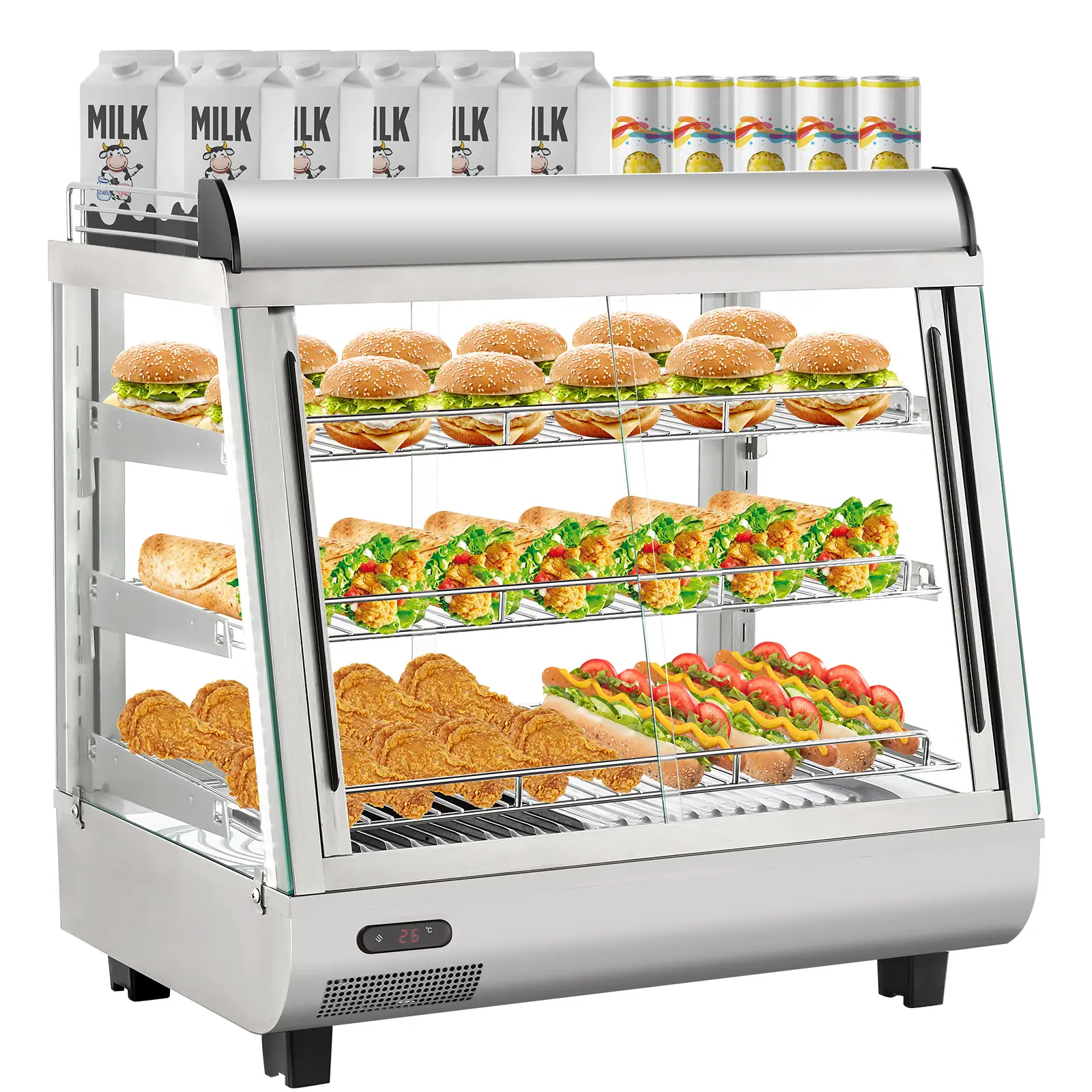 26'' Countertop Warmer Display Case, 3.4 Cu.Ft Commercial Food Warmer with Adjustable Shelves, Glass Sliding Doors, 3 Tier Electric Heated Display Cabinet for Buffet, Restaurant