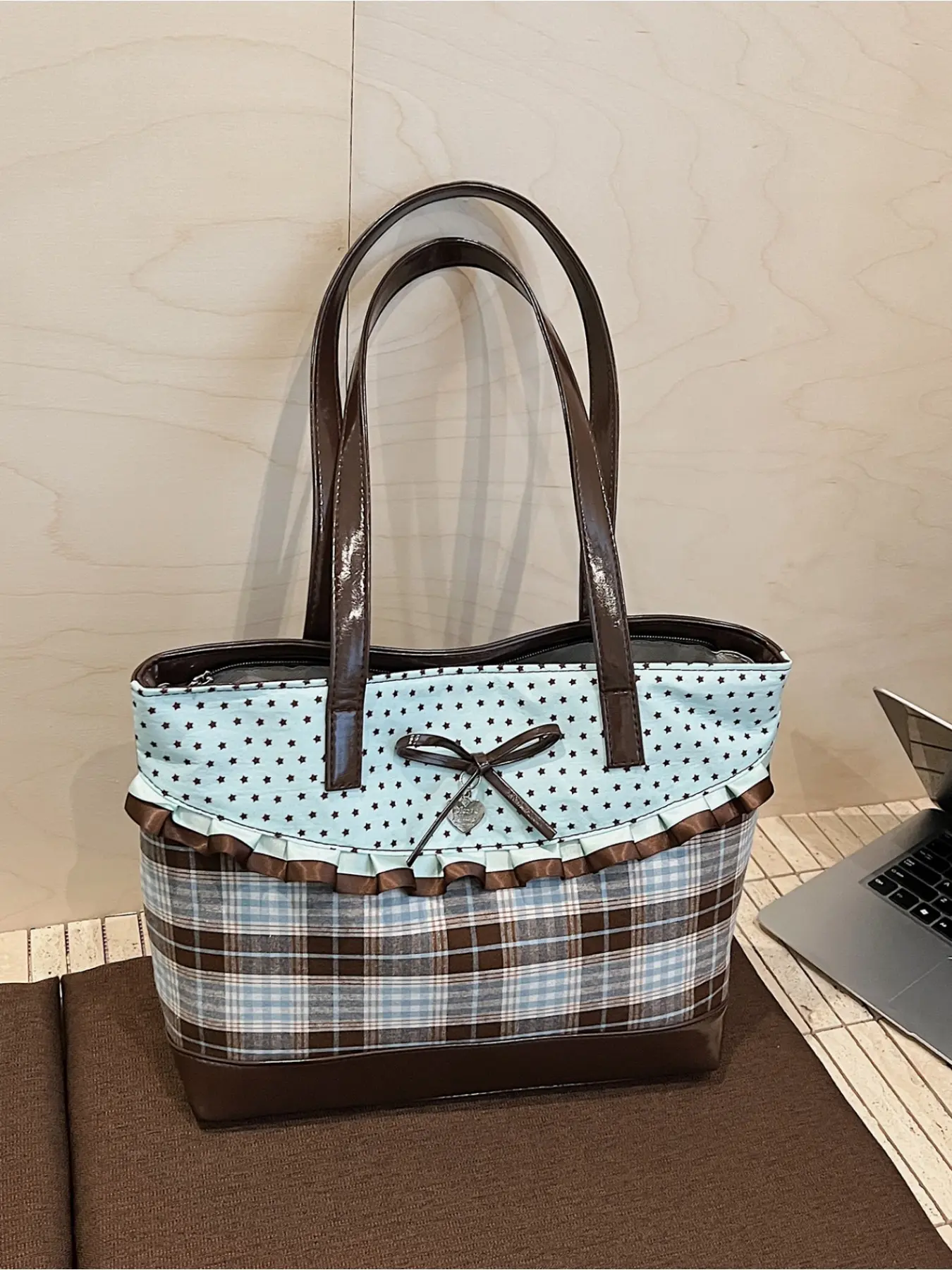 New Arrival College Style Plaid Bowknot Tote Bag For Women Large Capacity Shoulder Bag For School Daily Use Campus Style Handbag For Students Casual Everyday Bag