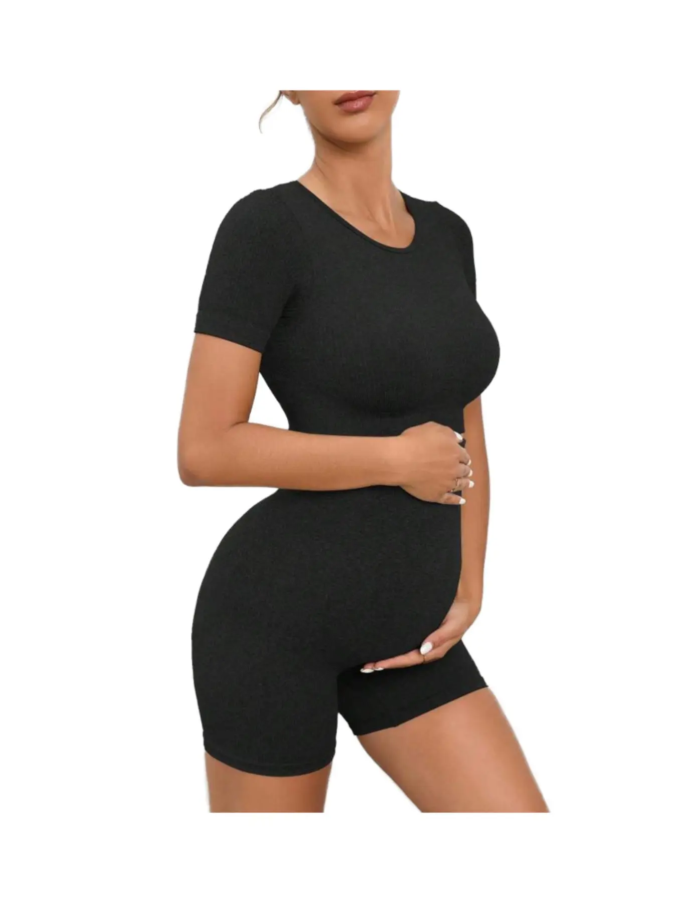 High-Waisted Maternity Yoga Set, Short Sleeve Top + Supportive Shorts, Seamless Knit Pregnancy Workout Two-Piece Set, Maternity Summer Clothes, Summer Maternity Sets, All Seasons, Seamless Maternity Activewear