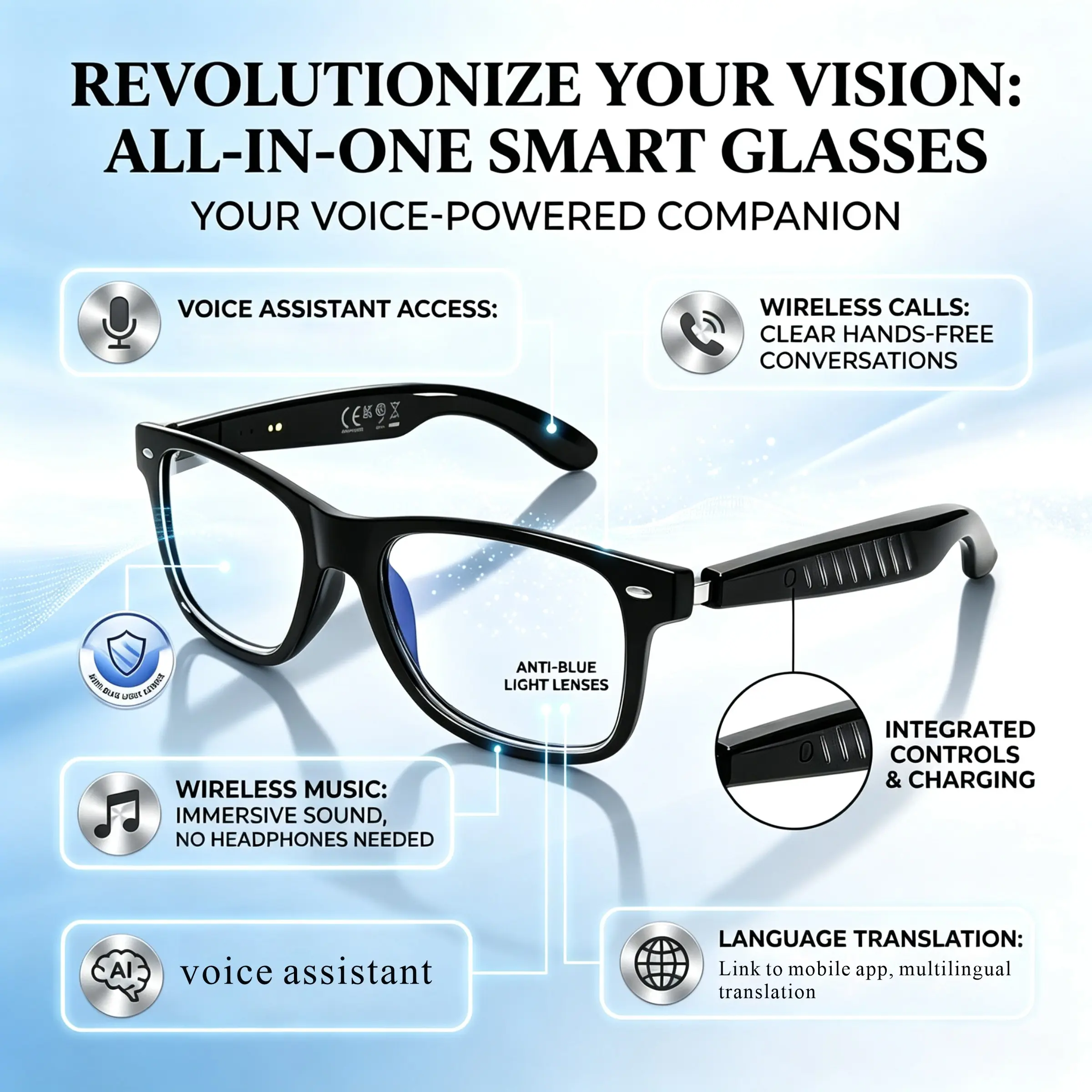 AI intelligent translation glasses, linked to a mobile app that supports multilingual translation, conference recording, dual speakers, wireless calling, music listening, and conference summary. Suitable for business work, driving, traveling, and gifting