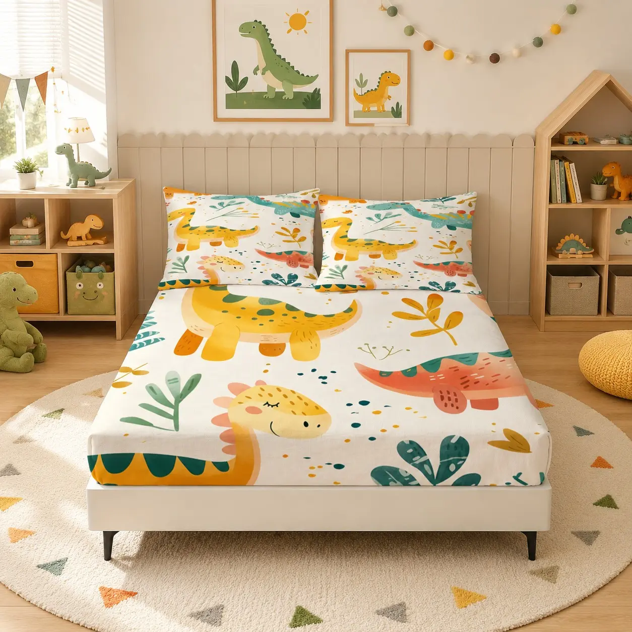 Colorful Dinosaur‑Themed Print Fitted Sheet Set, Deep Pocket Design, 1 Fitted Sheet with 2 Pillowcases, No Pillow Insert, for Bedrooms of Teens and Adults, Great for Home Decor or Holiday Gifting, Bed Sheets Set