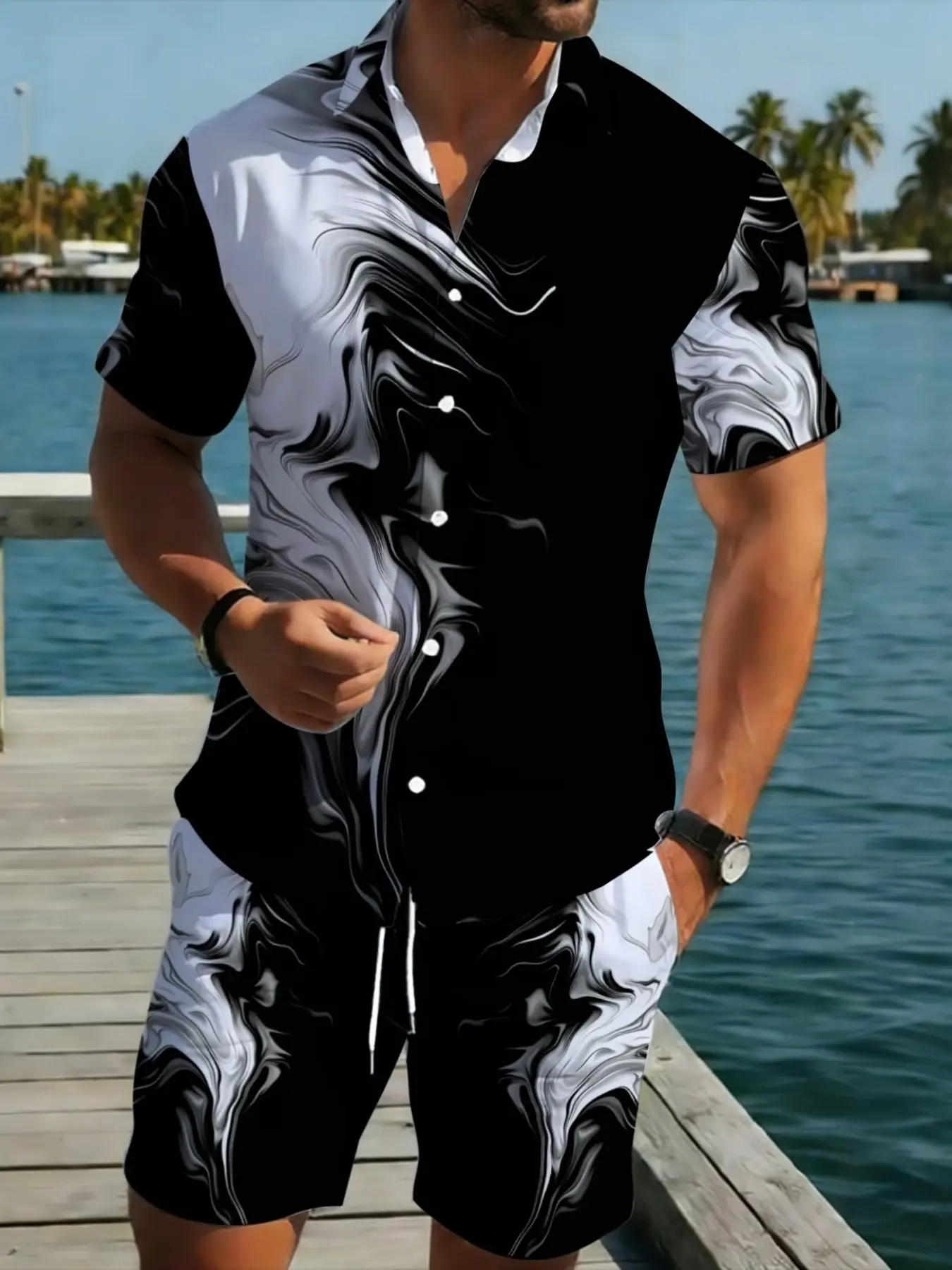 Men's Polyester Short Sleeve Shirt and Pants Set, Abstract Print, Lightweight, Comfortable for Beach, Pool, Casual Wear