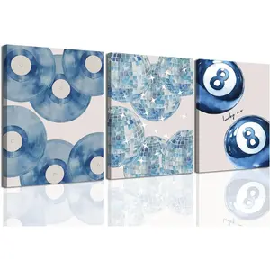 Trendy Blue Lucky 8 Ball Wall Art Set of 3,  Navy Blue Teen Girl Wall Decor Coquette Record Disco Poster Canvas Prints Pictures for Bedroom Living Room Dorm 12x16 inch Framed