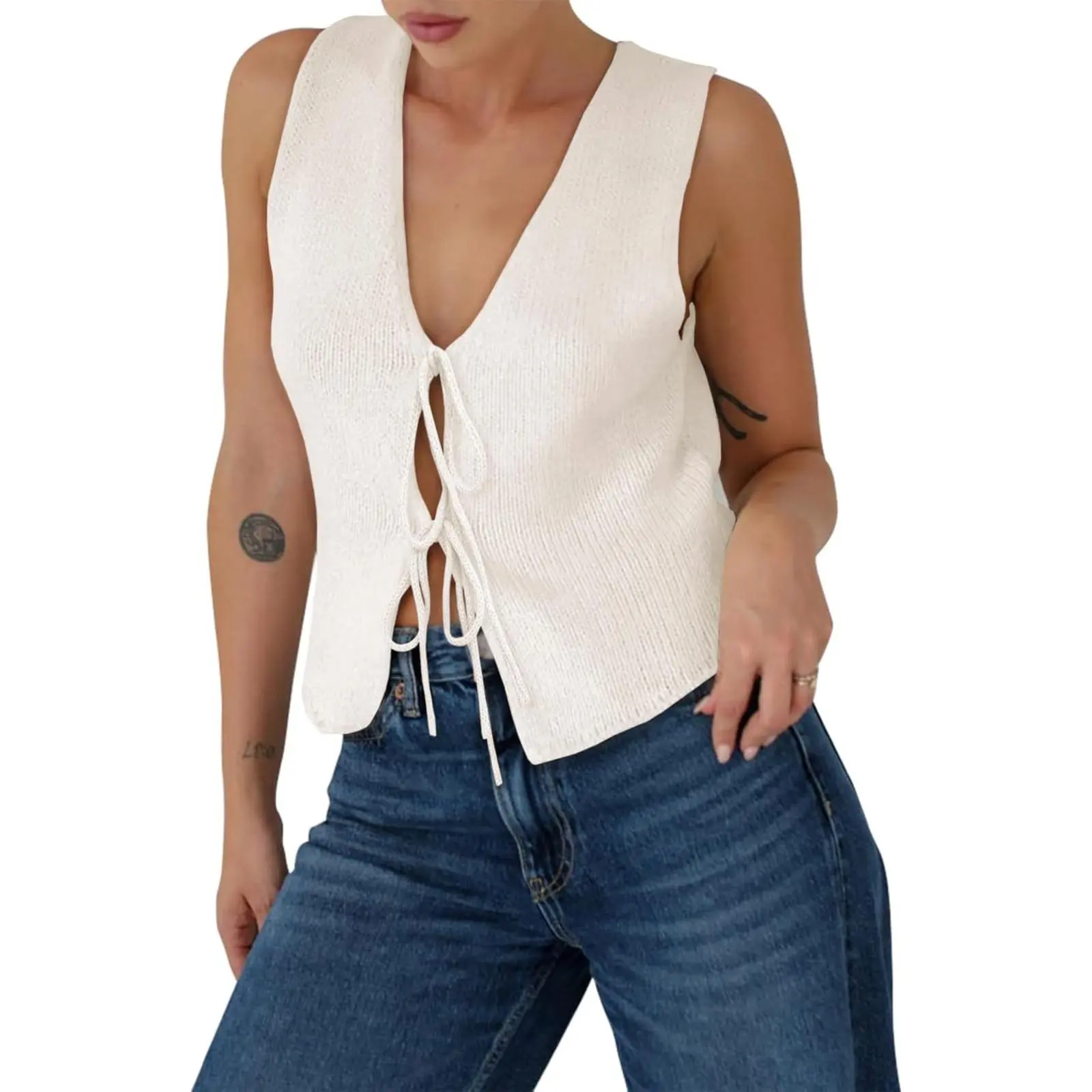 Yousify Womens Sweater Vests Tie Front Knit Vest Summer Ribbed Tank Tops Y2k Cute Vests Fashion Casual Sleeveless Tops