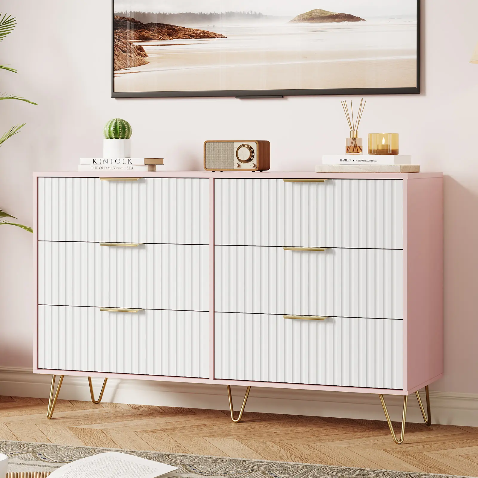 6-Drawer Dresser for Bedroom – 47" Wide Chest with Oak Wood Top, Metal Handles – Spacious Clothes Storage Organizer – Versatile Closet Dresser and TV Stand