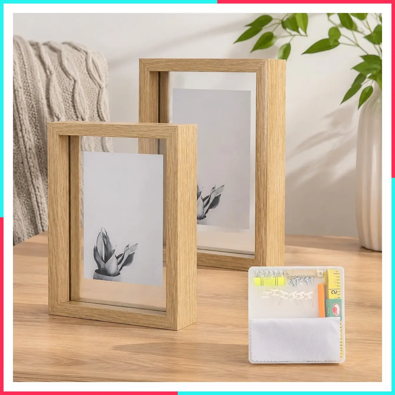 5x7 Floating Frame Set of 2, Double Glass Rustic Photo Frame for Wall Hanging or Tabletop Standing, Displays 4x6 or 3x5 Photo for Floating Effect, Natural
