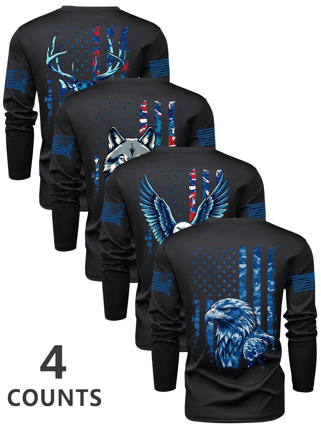 Men 4 Pack Crew Neck Long Sleeve Graphic Tees Vintage Distressed American Flag Eagle Wolf Deer Animal Back & Sleeve Print Casual Patriotic Outdoor Hunting Streetwear Multipack Shirts#PatrioticWear #AmericanFlagTee #HuntingClothing#FypShop #TrendingShirts