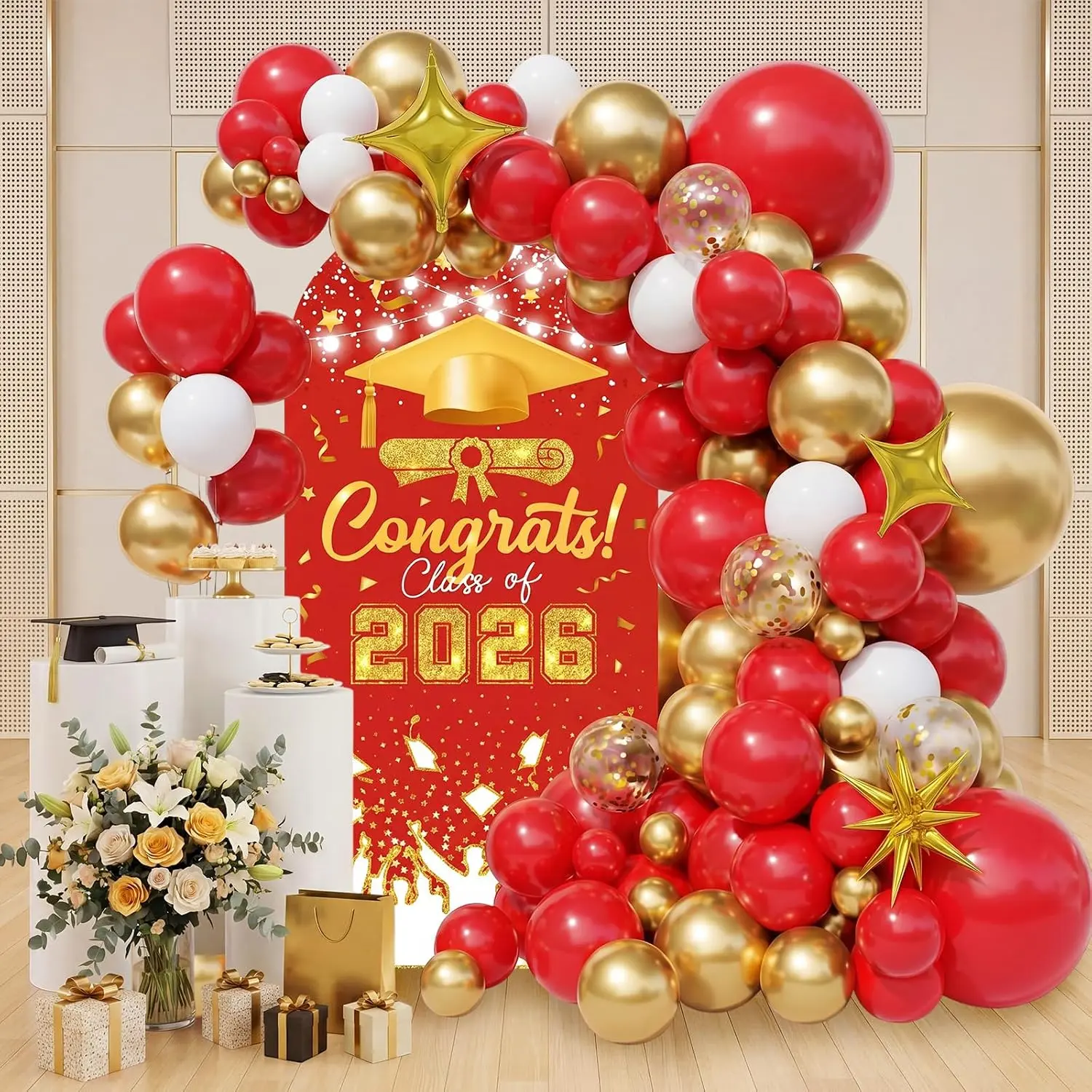 Graduation Party Decoration 2026, 5.9 ft Class of 2026 Spandex Arch Backdrop Cover with 101 count Latex Balloons Congrats Grad Decor for Grad High School College Party Supplies