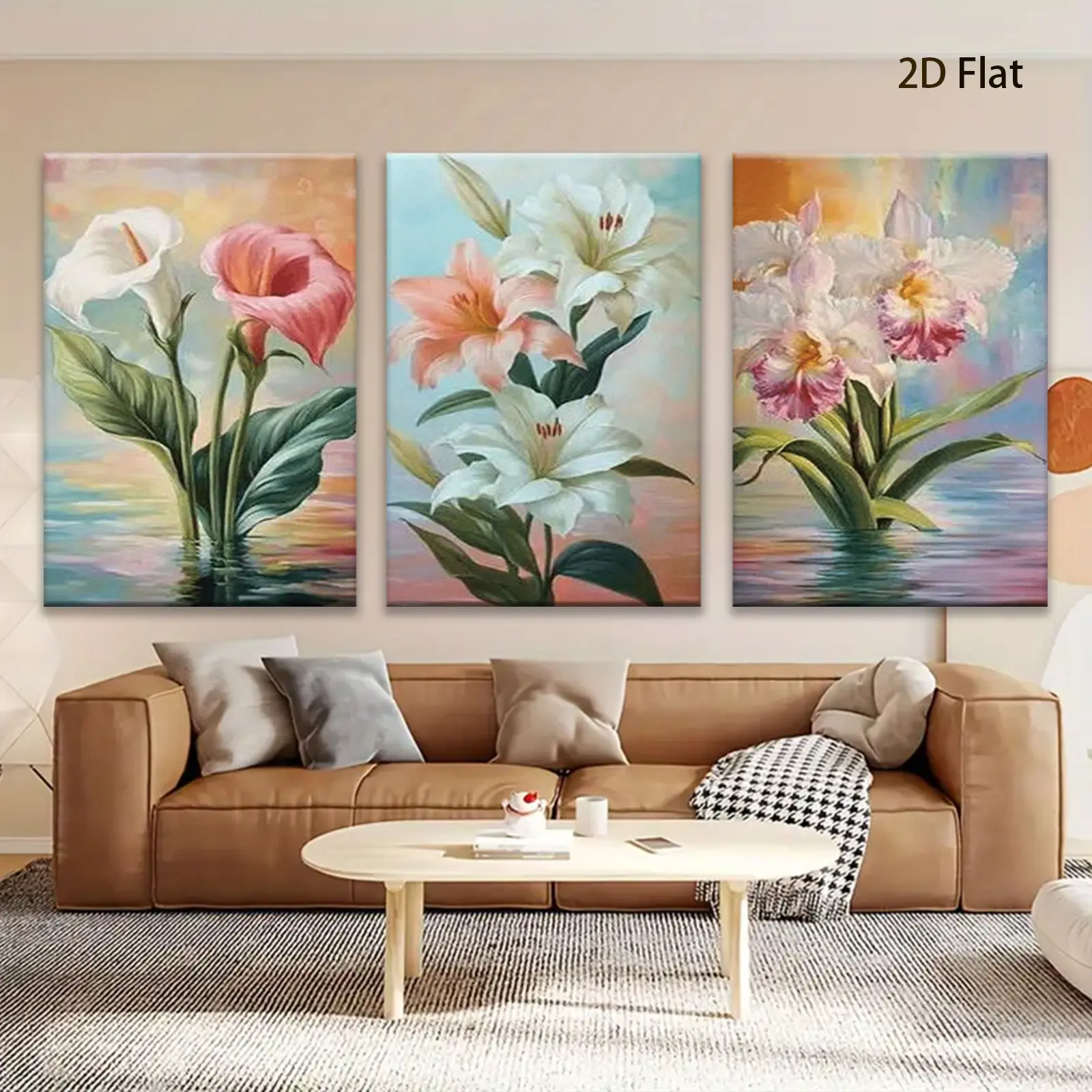 3-Piece 2D Flat Canvas Poster Set - Vibrant Flower & Blooming Water Lily Prints, Waterproof, Hangable, Ideal for Bedroom & Living Room Home Decor, Creative Gift for 4th of July, Back to School, Juneteenth, Carnival, Plaid Themed Occasions, Wardrobe, Polka