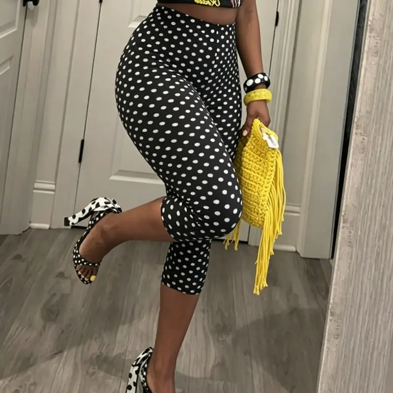 Women's High-Waisted Polka Dot Print Tight-Fit Elastic Capri Pants, Casual European and American Style for Spring and Summer, Bottoms, Casual Fashion Bottoms