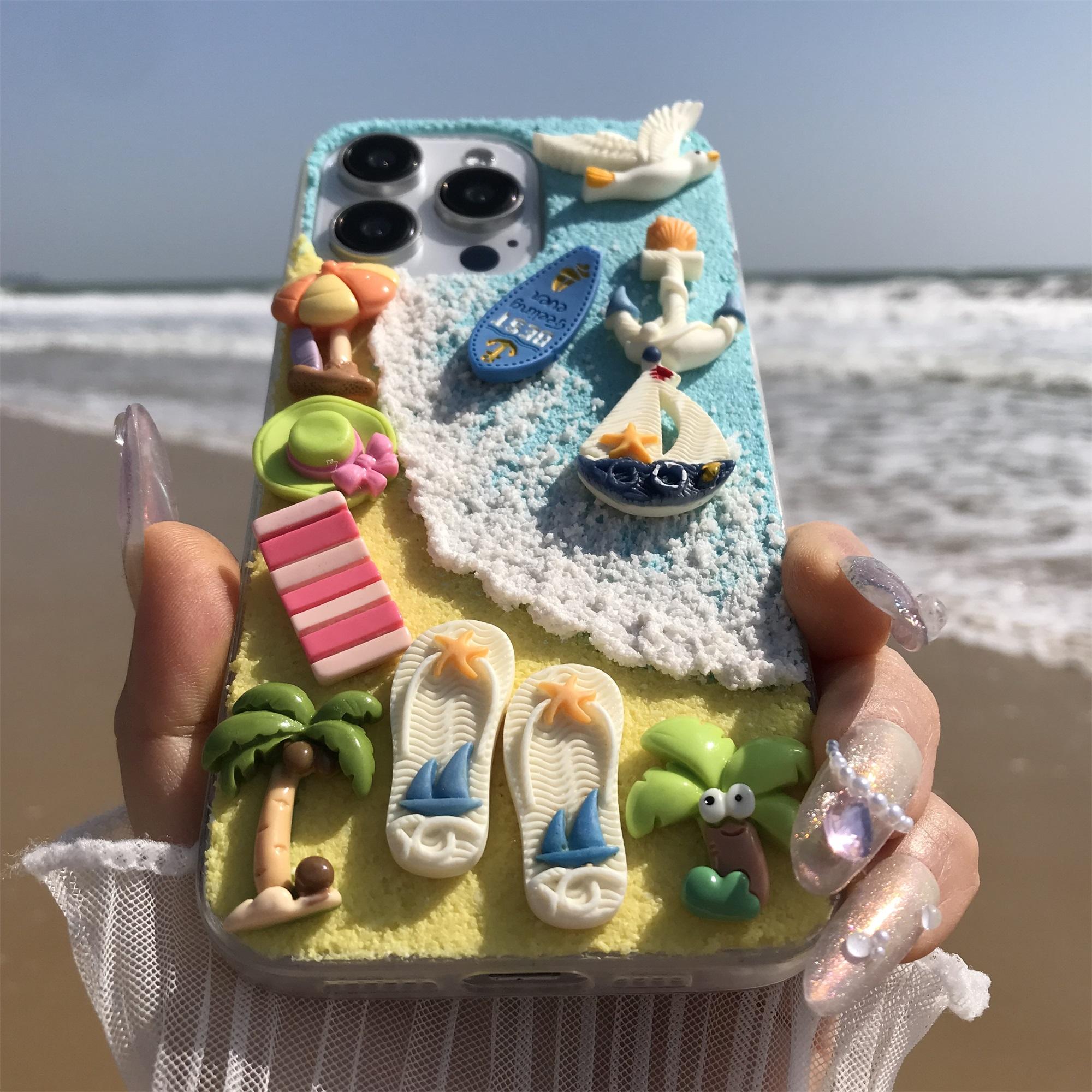Handmade Beach Sailboat Sun Chair Coconut Tree Seagull Aesthetic Protective Smartphone Case for iPhone 17 16 15 14 13 12 11 Pro Max, Soft Tpu Anti-Slip Back Cover