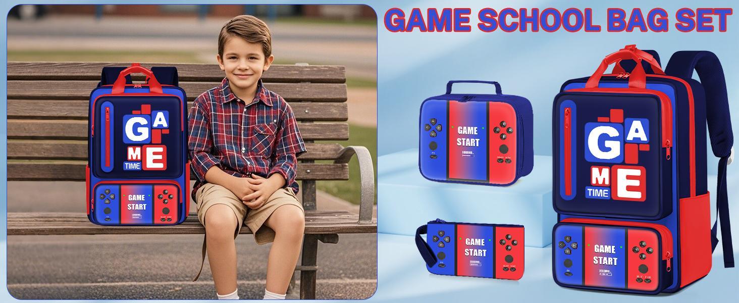 School Backpacks for Boys - 3PCS Gamer Boys Backpack with Lunch Box Set,Multifunctional Bookbag for Kids Teens Elementary Middle High School,17" Bookbag for Travel and Daily Use