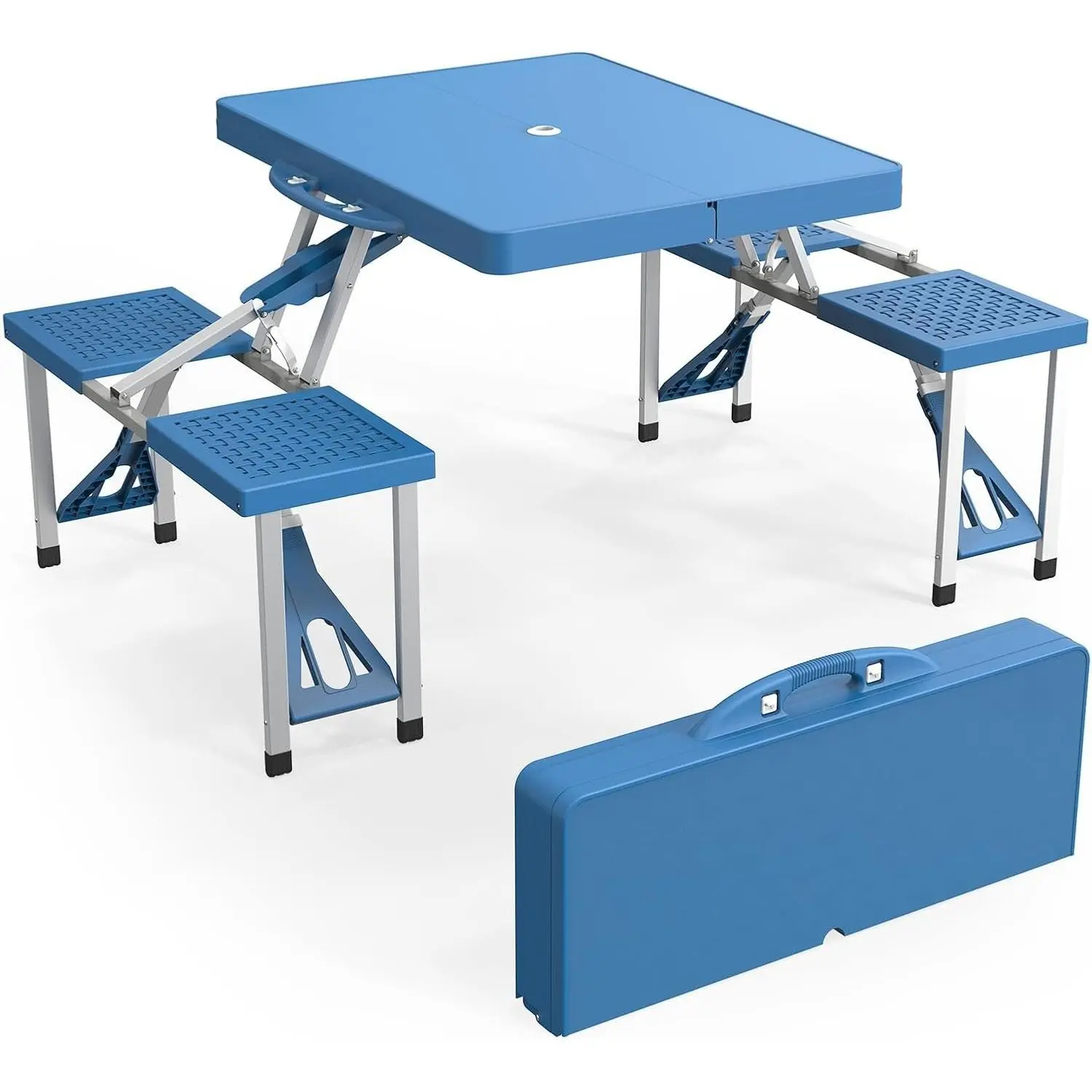 Outvita 4Ft Portable Folding Picnic Table Camping Table Foldable Set with 4 Seats with Umbrella Hole Suitcase Card Table-220 Lbs Support Aluminum Frame, Plastic RV Tabletop for Yard, Travel Summervibes