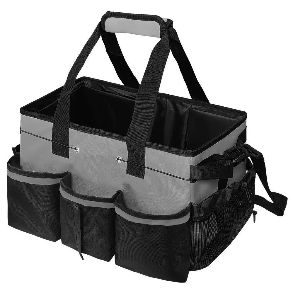 The cleaning storage bag has a sturdy built-in support board, and the cleaning supplies tote bag comes with adjustable shoulder straps and waist belt