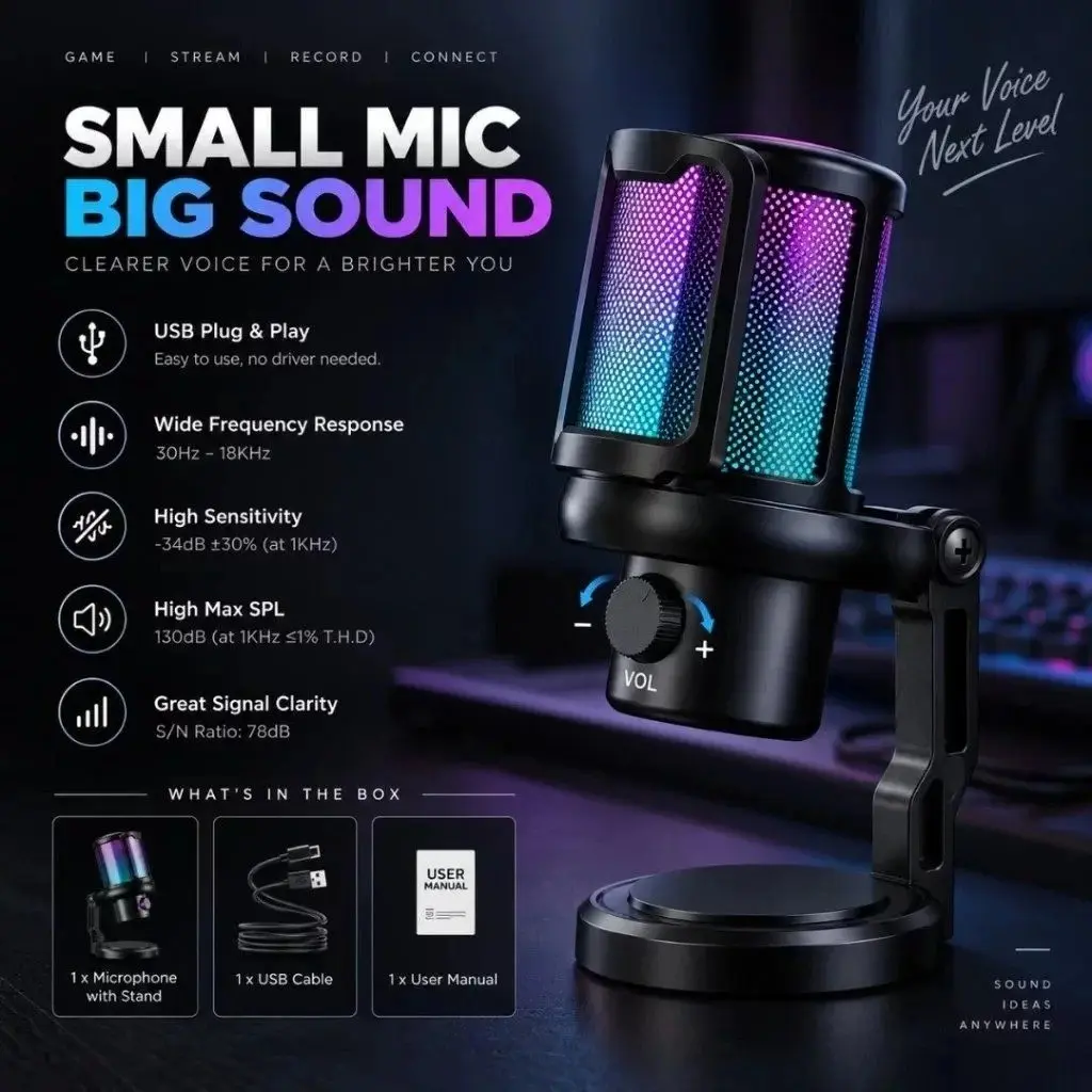 USB Game Microphone, Condenser Mic with RGB Lights, Ideal for Podcasts, Live Streaming, Recording, Quick Mute, Desktop Stand, Pop Filter