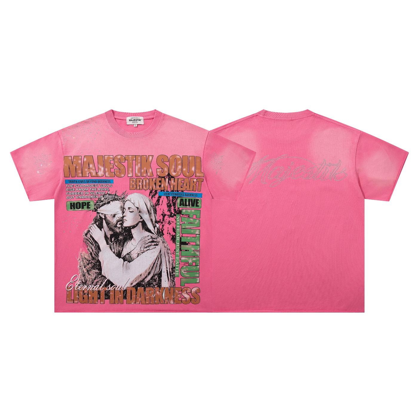 MAJESTIK New American High-Street Streetwear, Vintage Washed Distressed Frayed Edges, Heavy Rhinestone Inlay, Jesus & Virgin Mary Graphic Print, Black Y2K Hip Hop Crew Neck Short Sleeve Cotton T-Shirt Tops