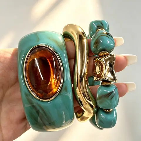 3-Piece Women's Retro Turquoise Bracelet Set, Elegant Resin Jewelry, Perfect for Daily Wear, Gifts for Her