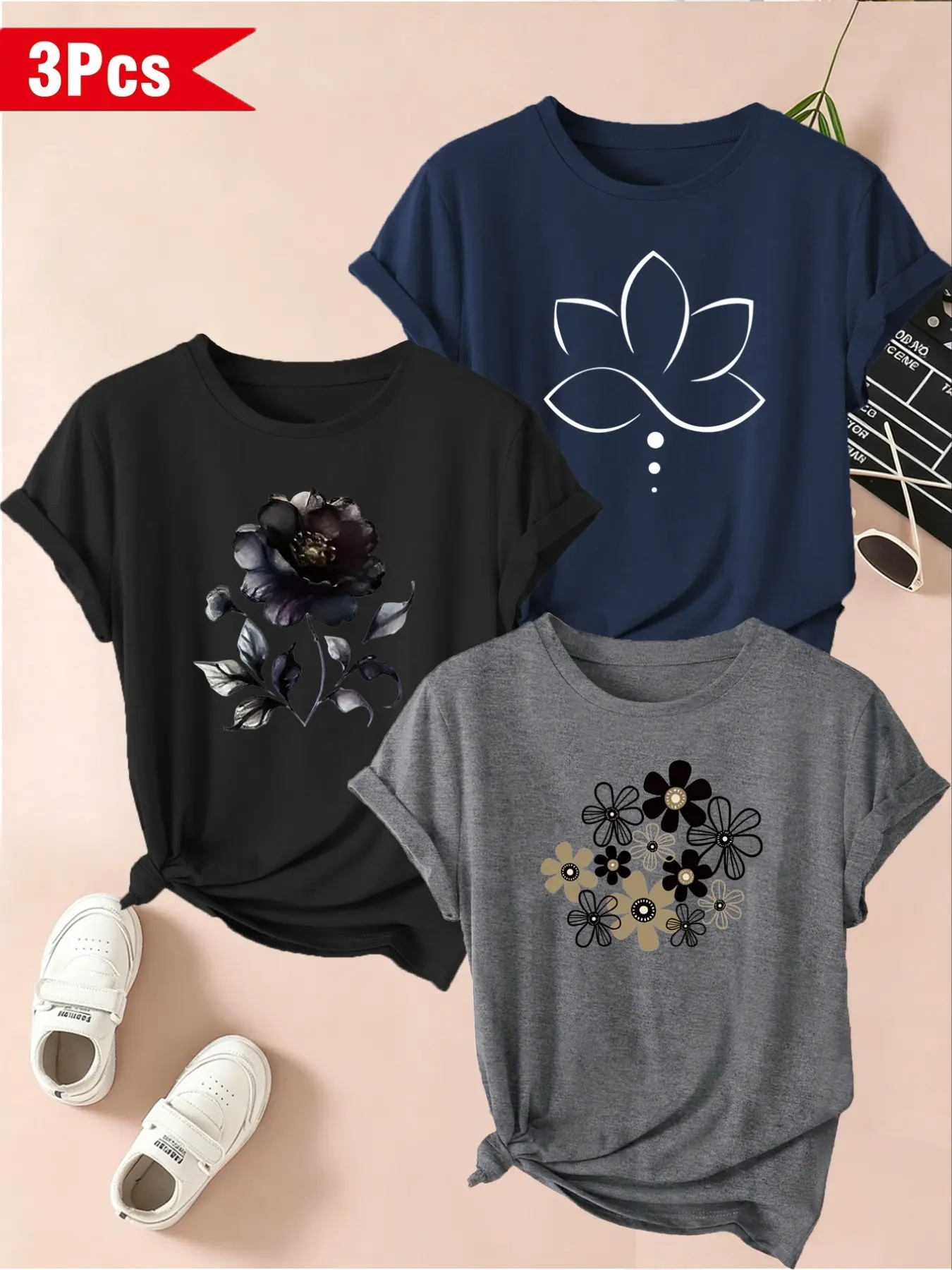 Women's 3-Pack Elegant Floral Print T-Shirts, Round Neck Short Sleeve, Casual Versatile Top, Suitable for Daily Wear and Outdoor Activities
