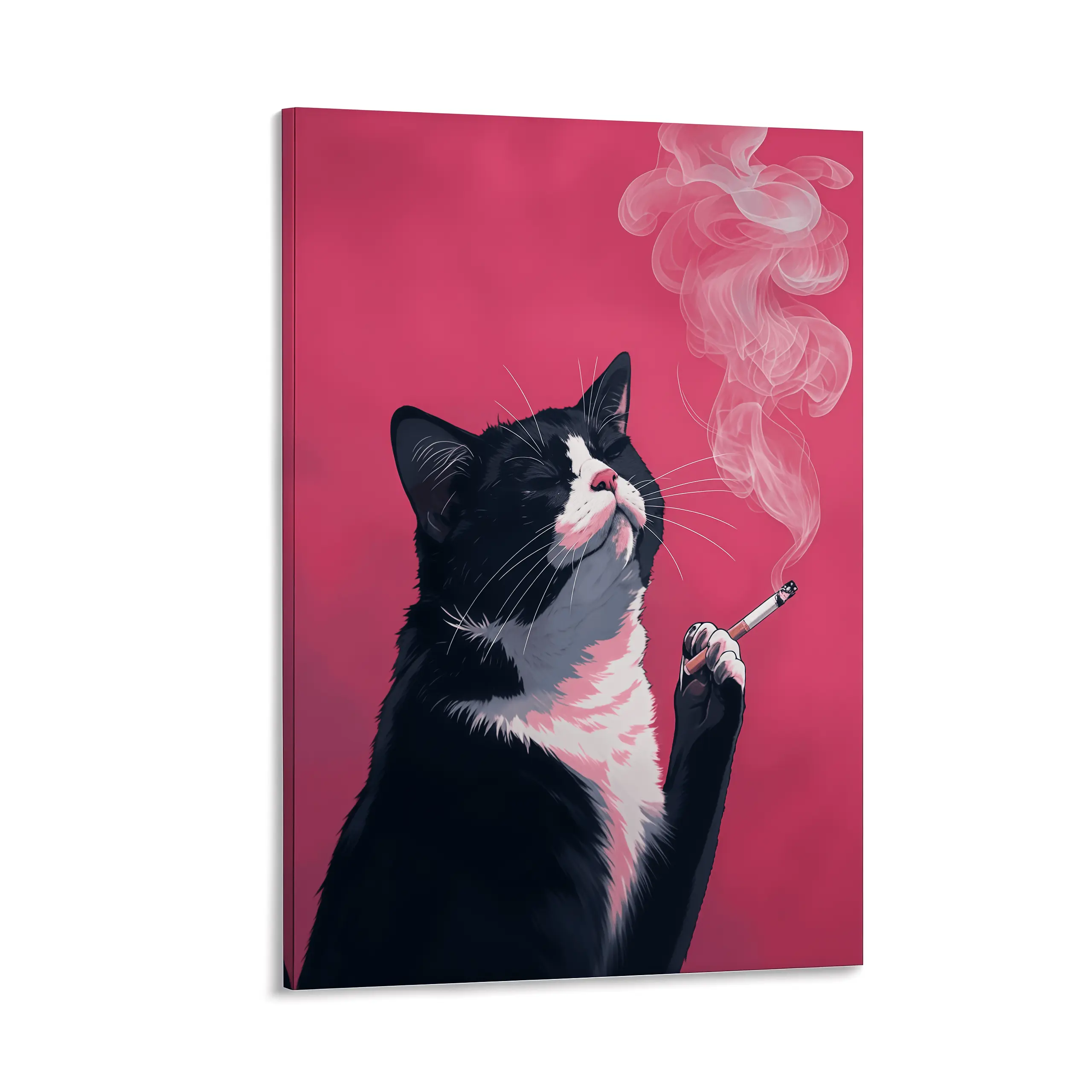 Funny Smoking Cat Canvas Wall  - Edgy Black Cat Pop  Poster Print, 2D Flat Animal Picture.Unique Quirky  Decor for Bedroom, Living  & Office art room