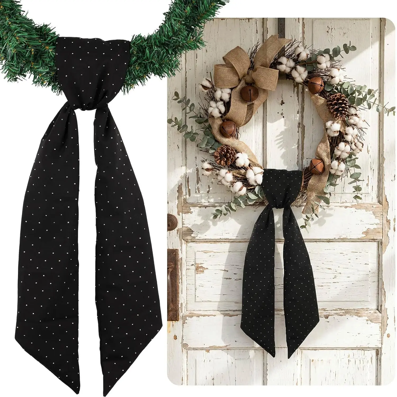 Black Rhinestone Wreath Sash for Front Door, 54x5 Inch Sparkle Ribbon for Christmas Thanksgiving Wedding Decor