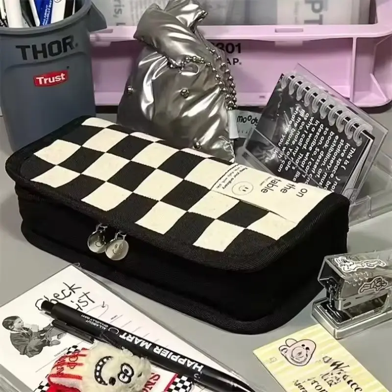 Large Capacity Pencil Case, and Checkerboard Grid, High Value Storage Pencil Bag, Student Canvas Stationery Box