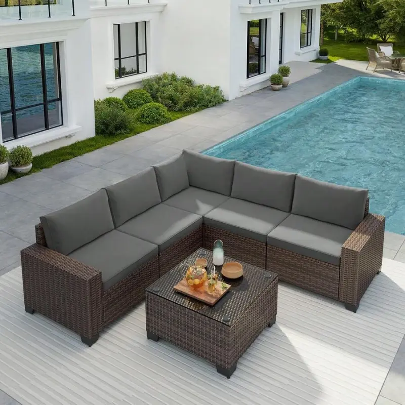 7-Piece Plastic Wicker Rattan Boneless Modular Sectional Couch Outdoor Furniture Set - Sturdy, Waterproof All-Weather Seating with Thick Cushions, Coffee Table, Assembly Required for Garden, Backyard Oasis