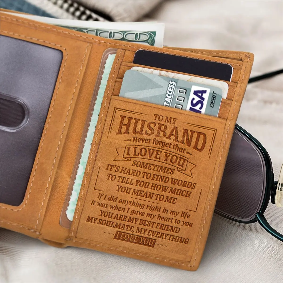 Gift For Husband Men's Tri-fold Wallet Crazy Horse Leather Engraved Wallet